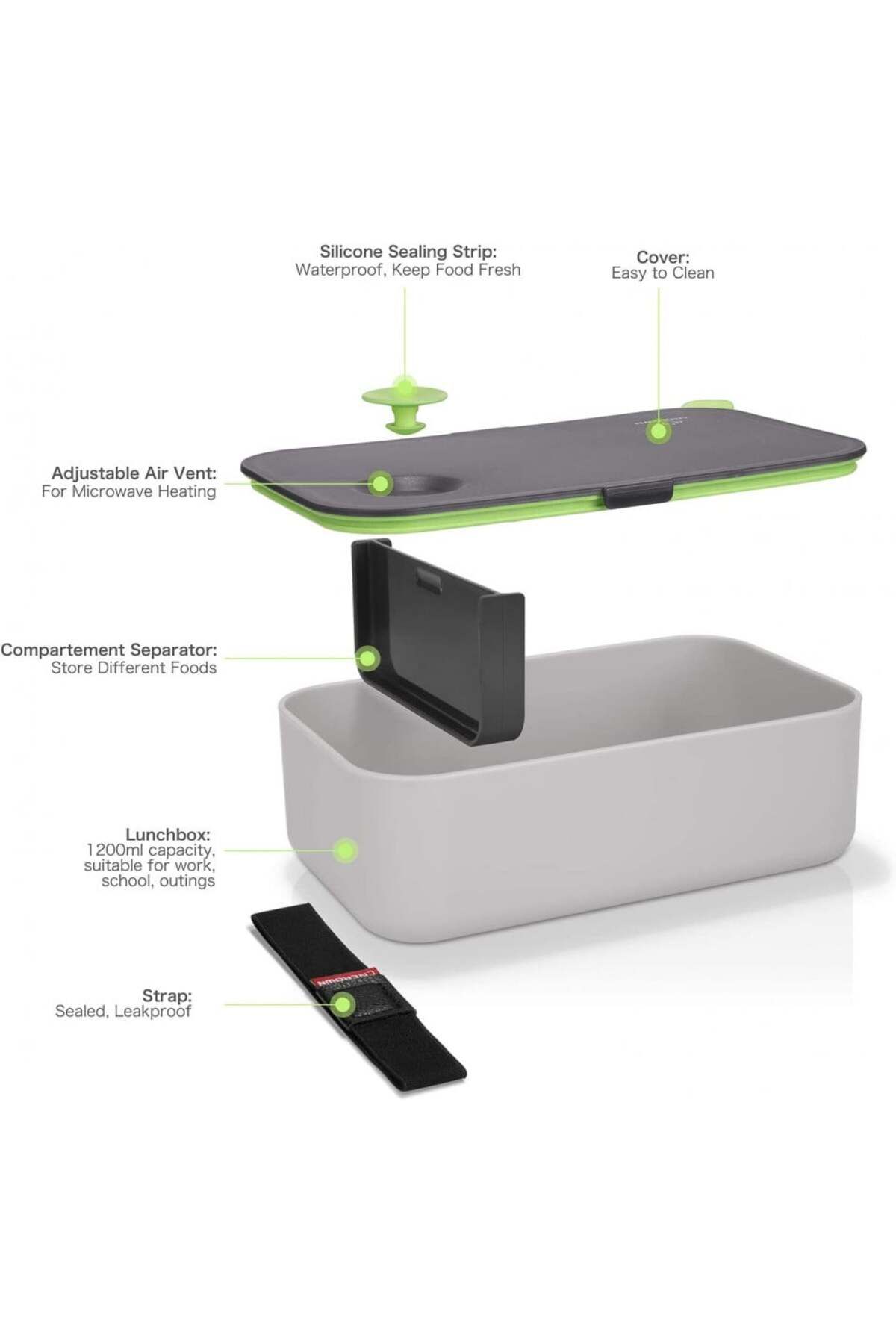 COMLIFE-Caserola pentru pranz cu 2 compartimente COMLIFE, plastic, gri, 1000 ml, 19,1 x 11,9 x 6,8 cm 6
