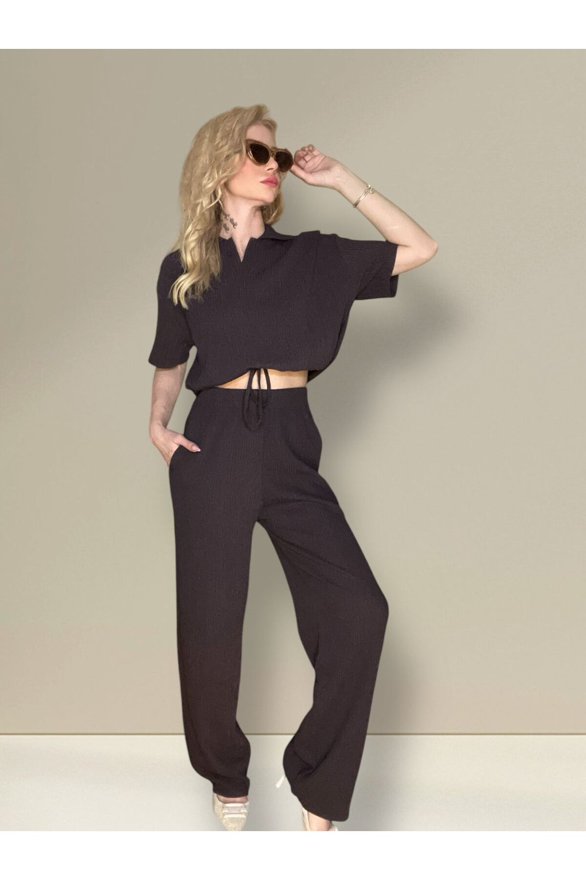 Oyga-Women's Shirt Collar Top Crop Pants Double Bottom Top Set 2