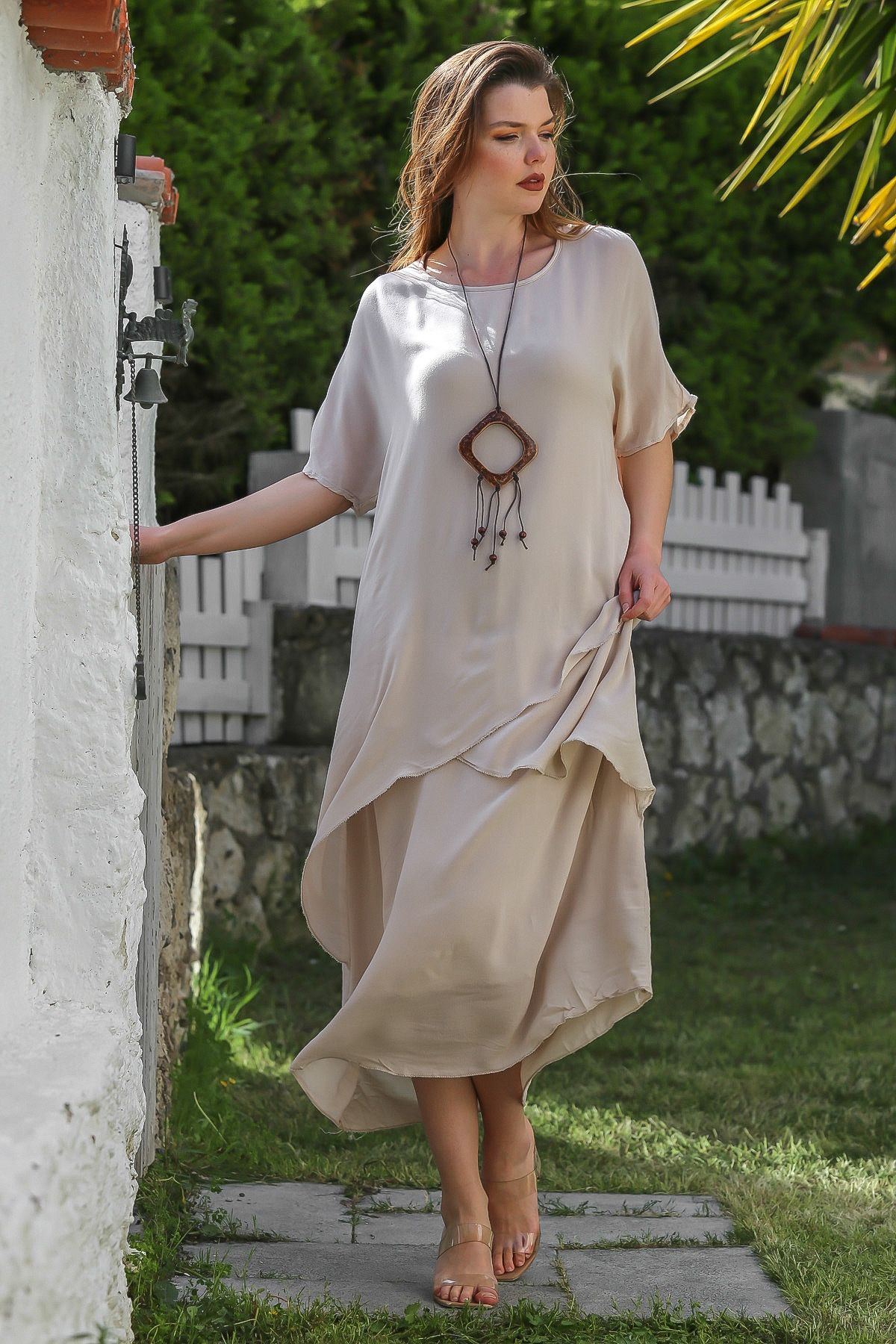 Chiccy-Μπεζ casual υφαντό φόρεμα - κοντό μανίκι με ποτό και διπλή στρώση 3