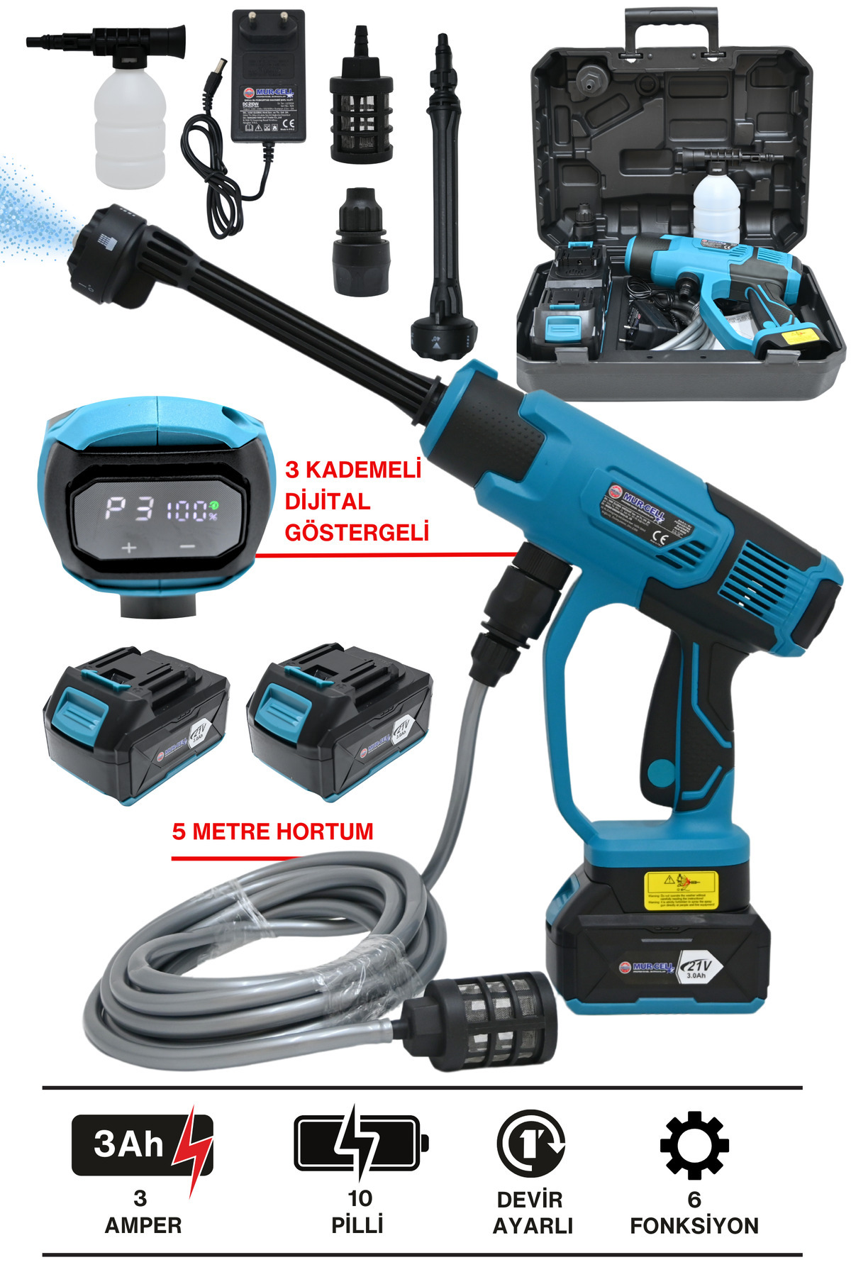 Mur-Cell MUR-2002 Mavi Dijital Göstergeli 3 Kademeli  Araç Yıkama Makinesi