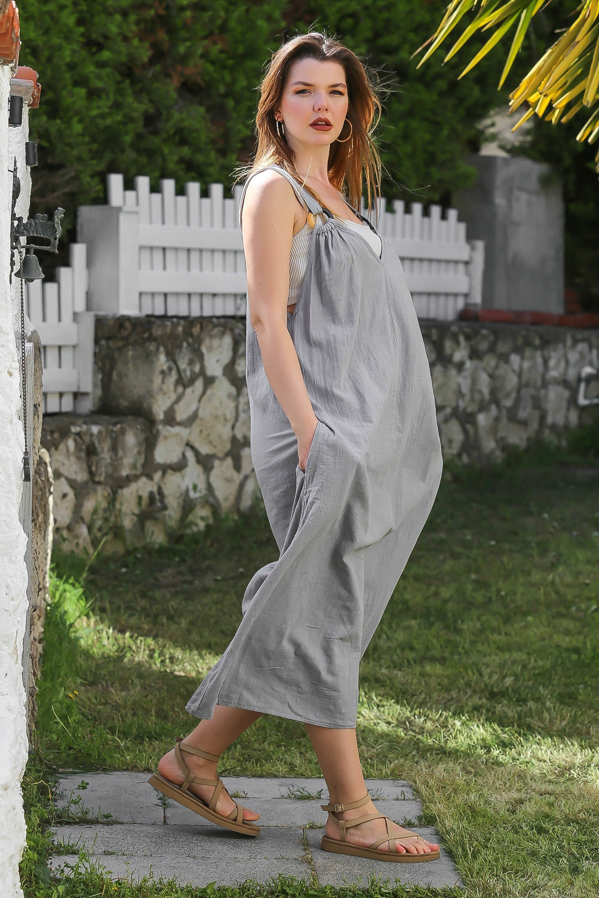 Chiccy-Gray Straps Casual Linen Blended Woven Dress 135 58 5