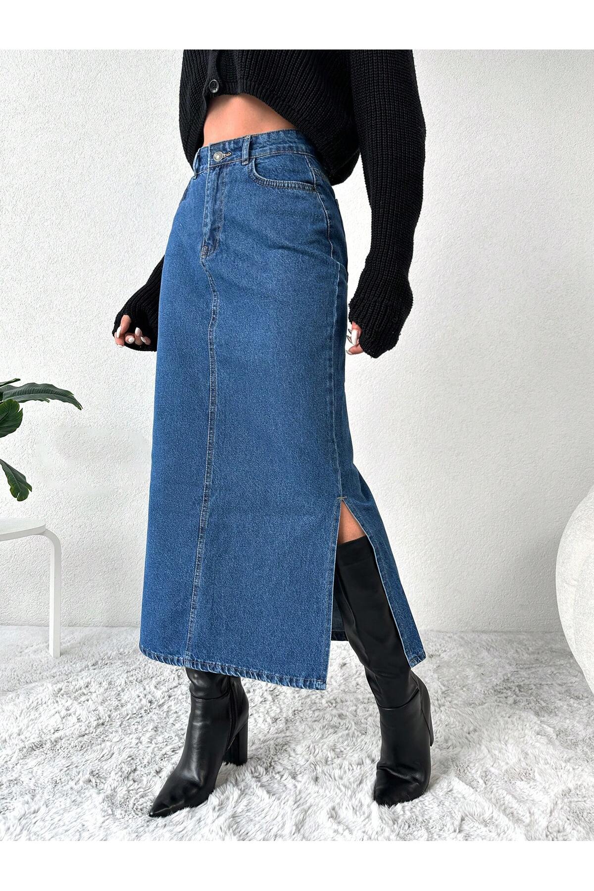 Dema  Kadın Yandan Yırtmaçlı %100 pamuk denim etek - Görsel 2