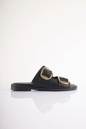 SU SHOE BOUTIQUE NO37 Siyah Hakiki Deri Çift Tokalı Terlik