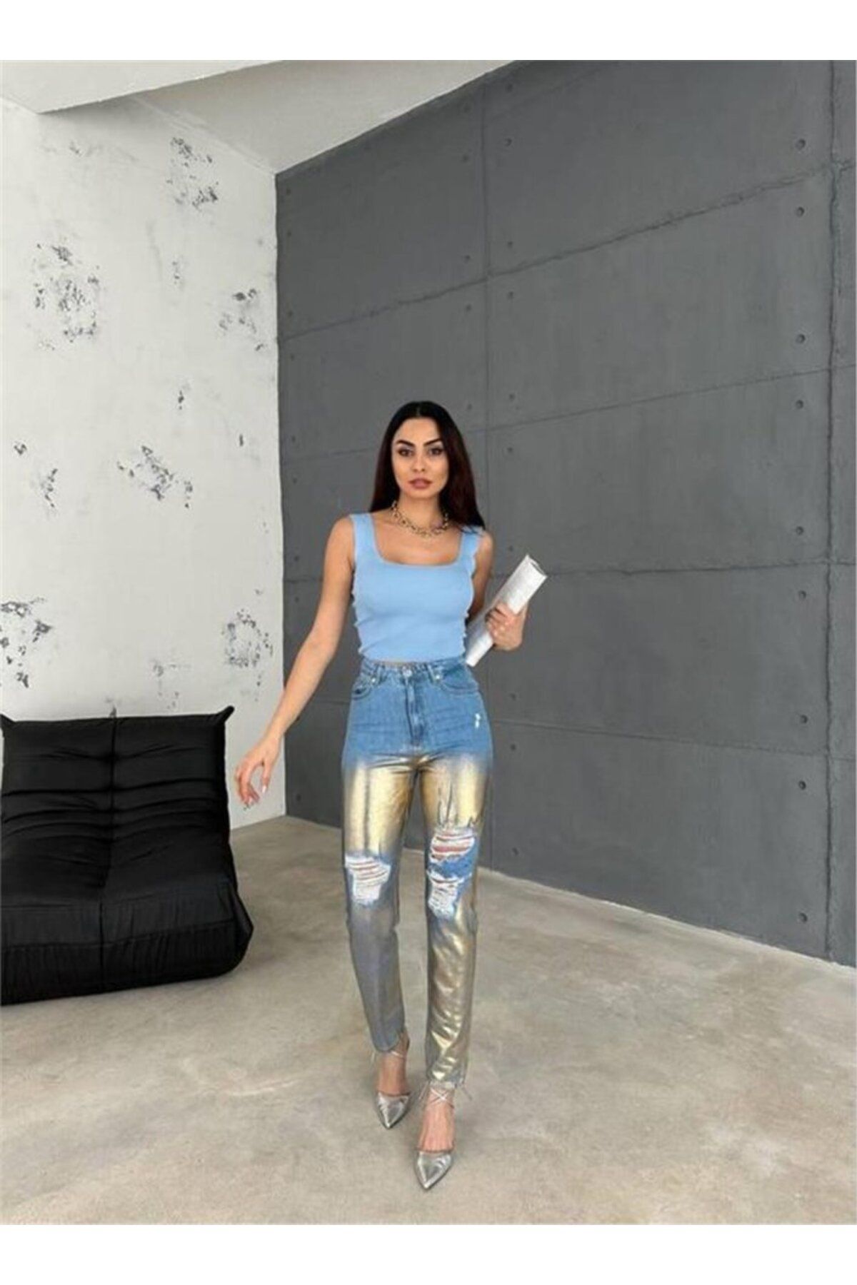 novafems DİZ YIRTIK VARAKLI MOM KOT PANTOLON - Gold
