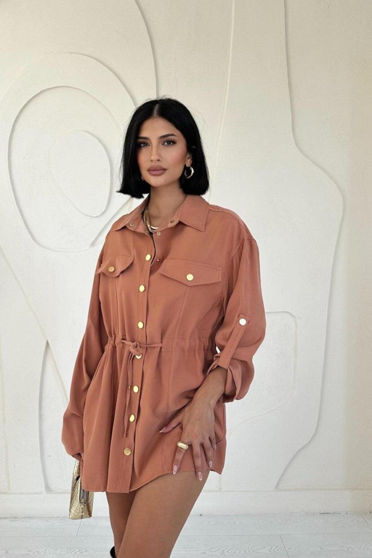 MRA Fashion Kiremit Çıtçıtlı Tünelli Gömlek