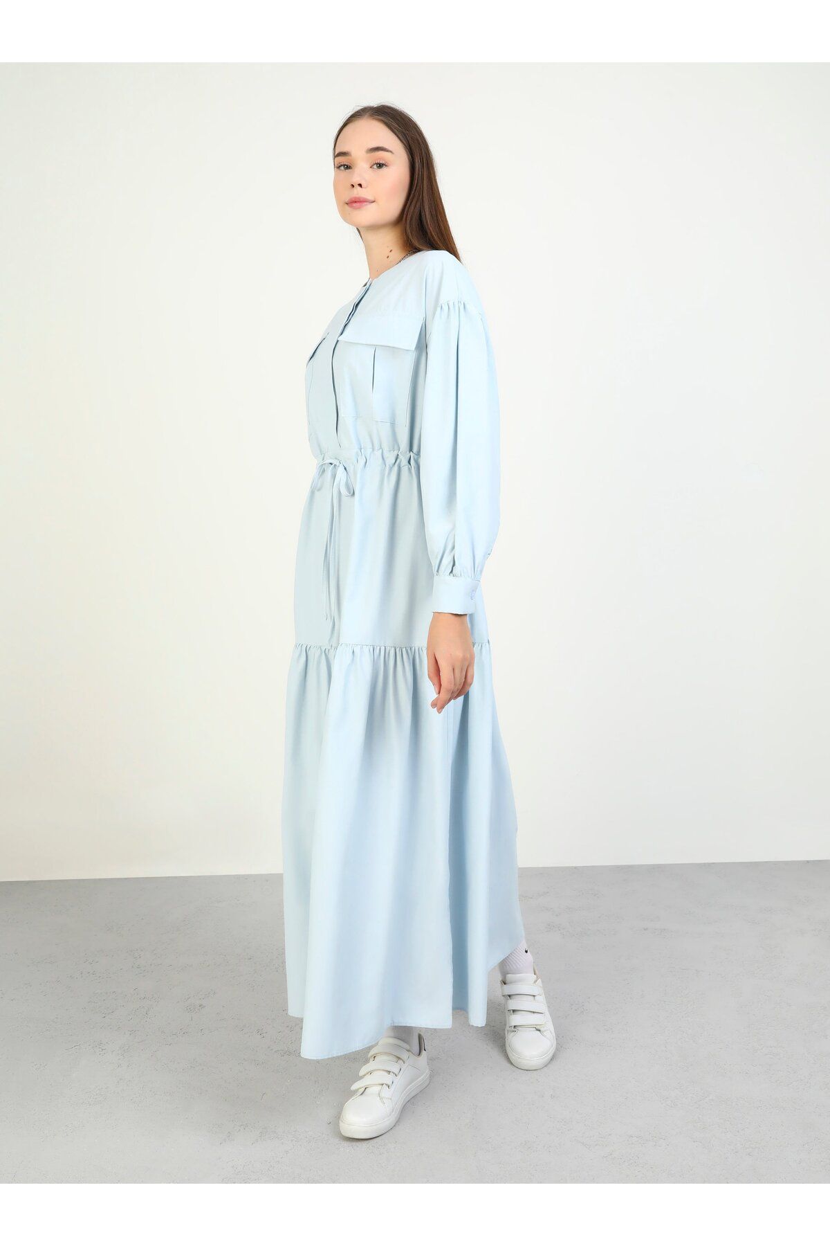 Benin-Light Blue Cotton Poplin Hijab Dress - Pocket Detail and Drawstring - Benin 3