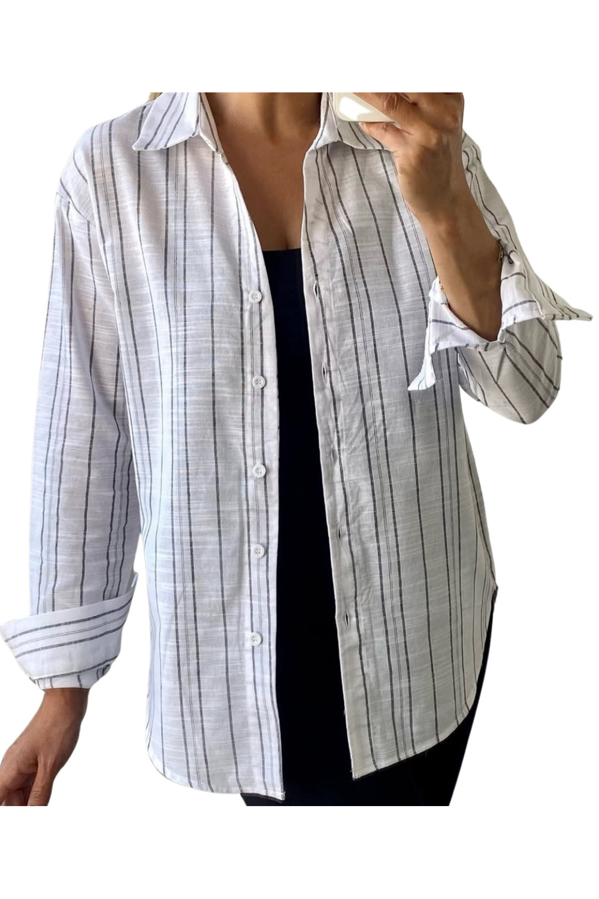 Çizgili Kadın Gömlek Beyaz