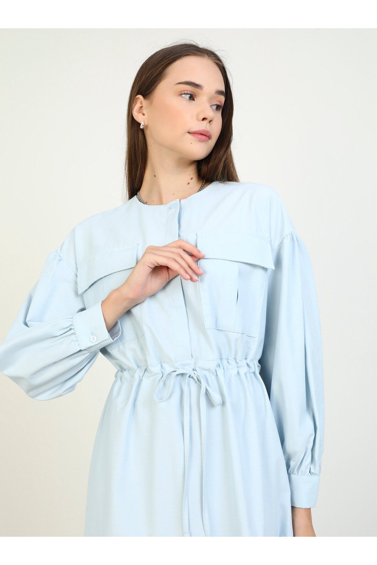 Benin-Light Blue Cotton Poplin Hijab Dress - Pocket Detail and Drawstring - Benin 4