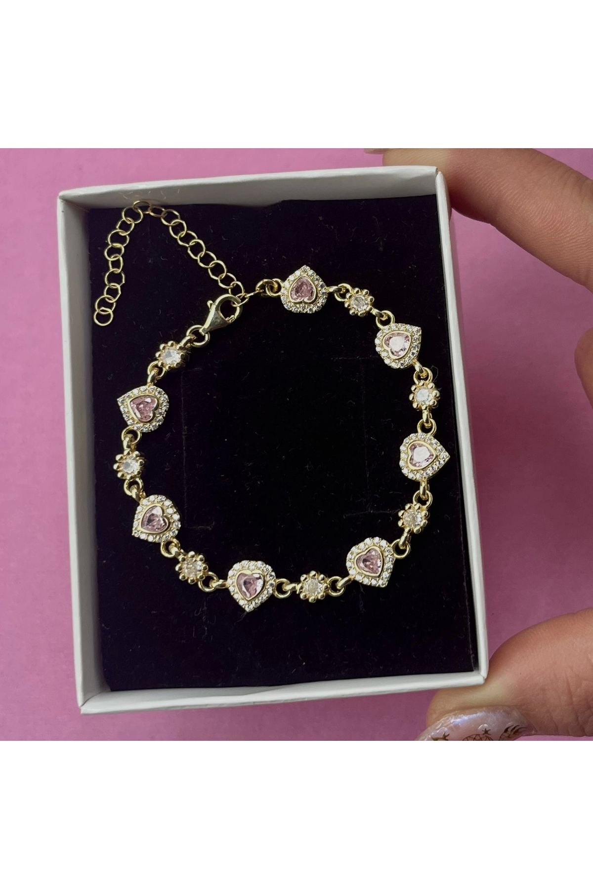 Vintagezegeni Pembe Taşlı Kalp Bileklik I 925 Gümüş
