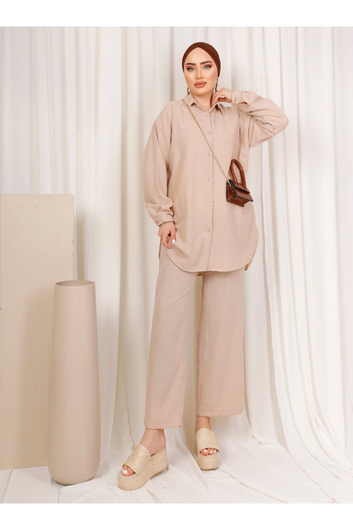 SAHRA BUTİK-Set Tesatura In - cu Pantaloni, Crem, SAHRA BUTİK 4