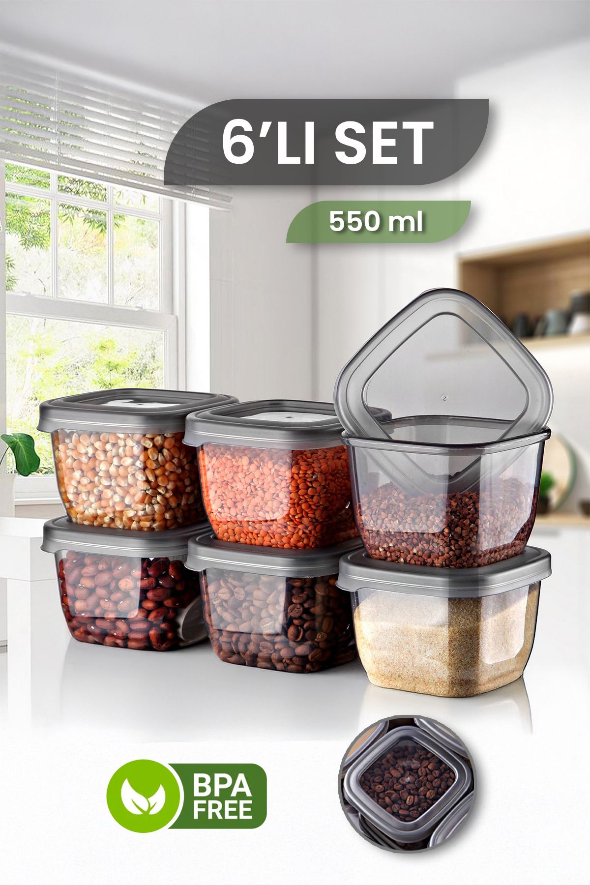 MYBOX-6-Piece Square Spice Rack Storage Container - Storage Box for Food, Snacks and Nuts with Leakproof Lid 6X550 ml 1