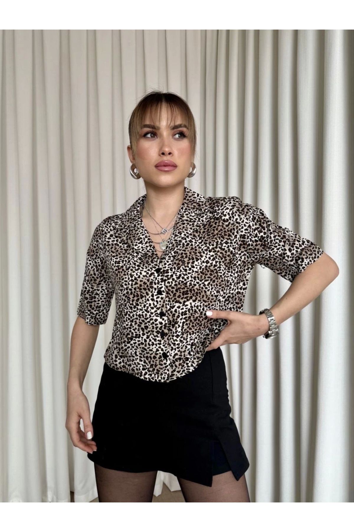 THEFOF Yumuşacık crop oversize kadın salaş gömlek günlük casual leopar desenli