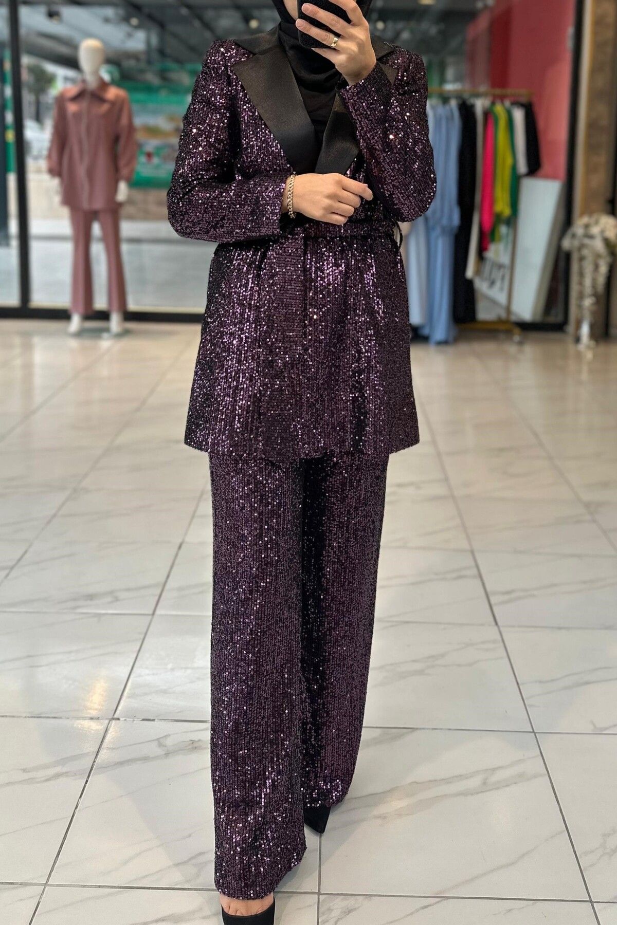 Cashmere Moda-Women, Flexible Waist, Lined, Sequined Sequin, Long Pants 4