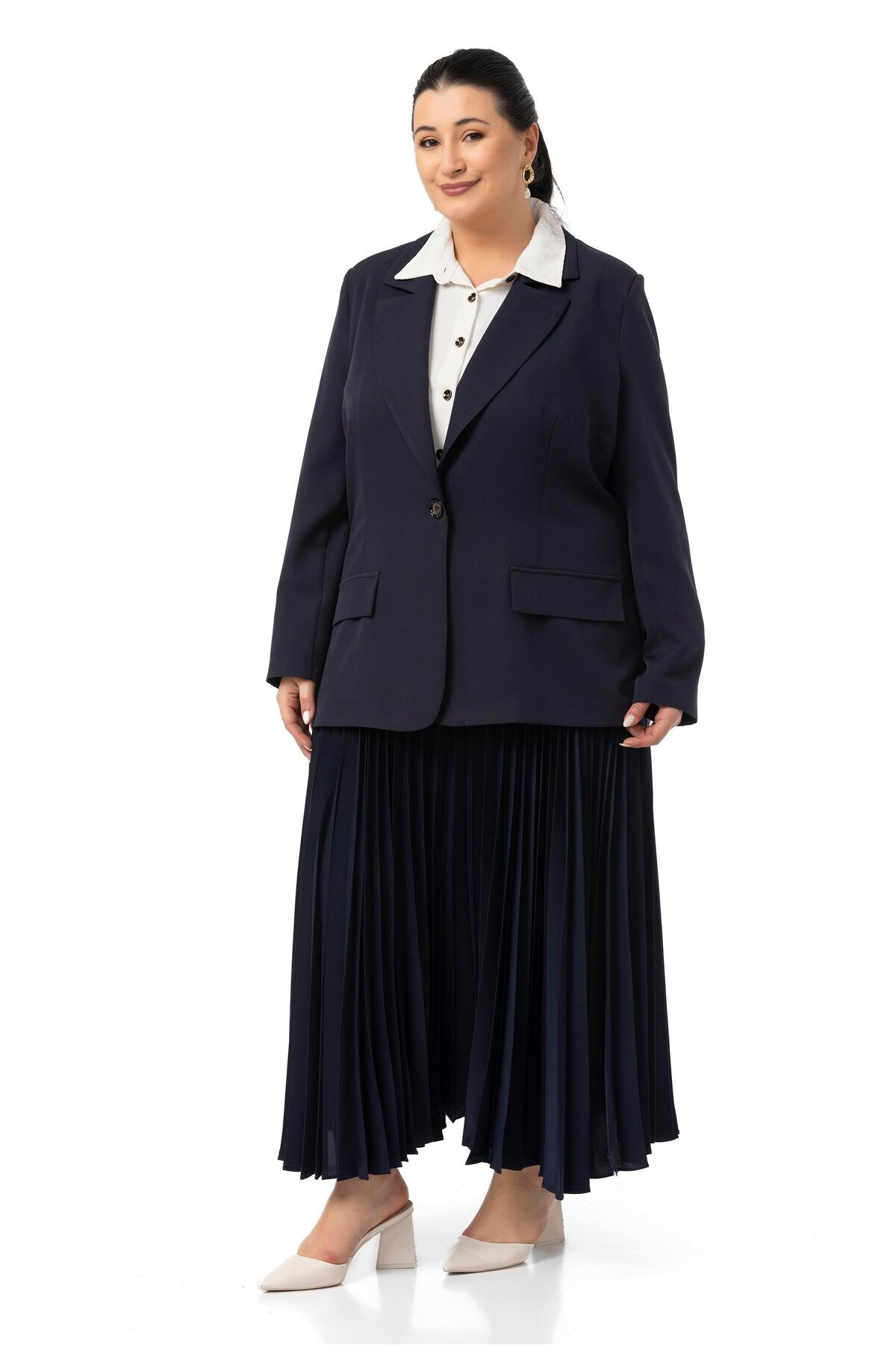 DISENTIS MODEST-Large Size Pleated Skirt Jacket Navy Blue Double Suit 2