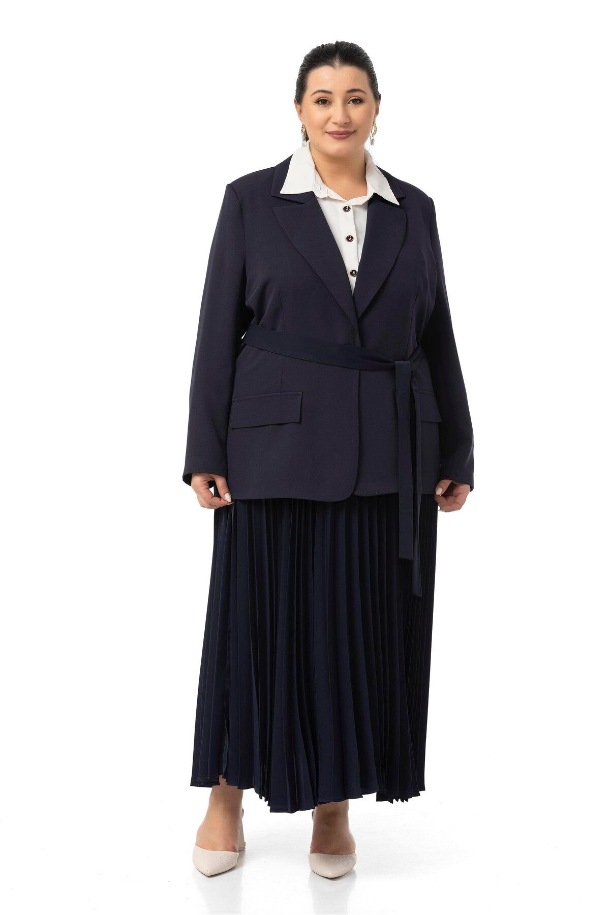 DISENTIS MODEST-Large Size Pleated Skirt Jacket Navy Blue Double Suit 1