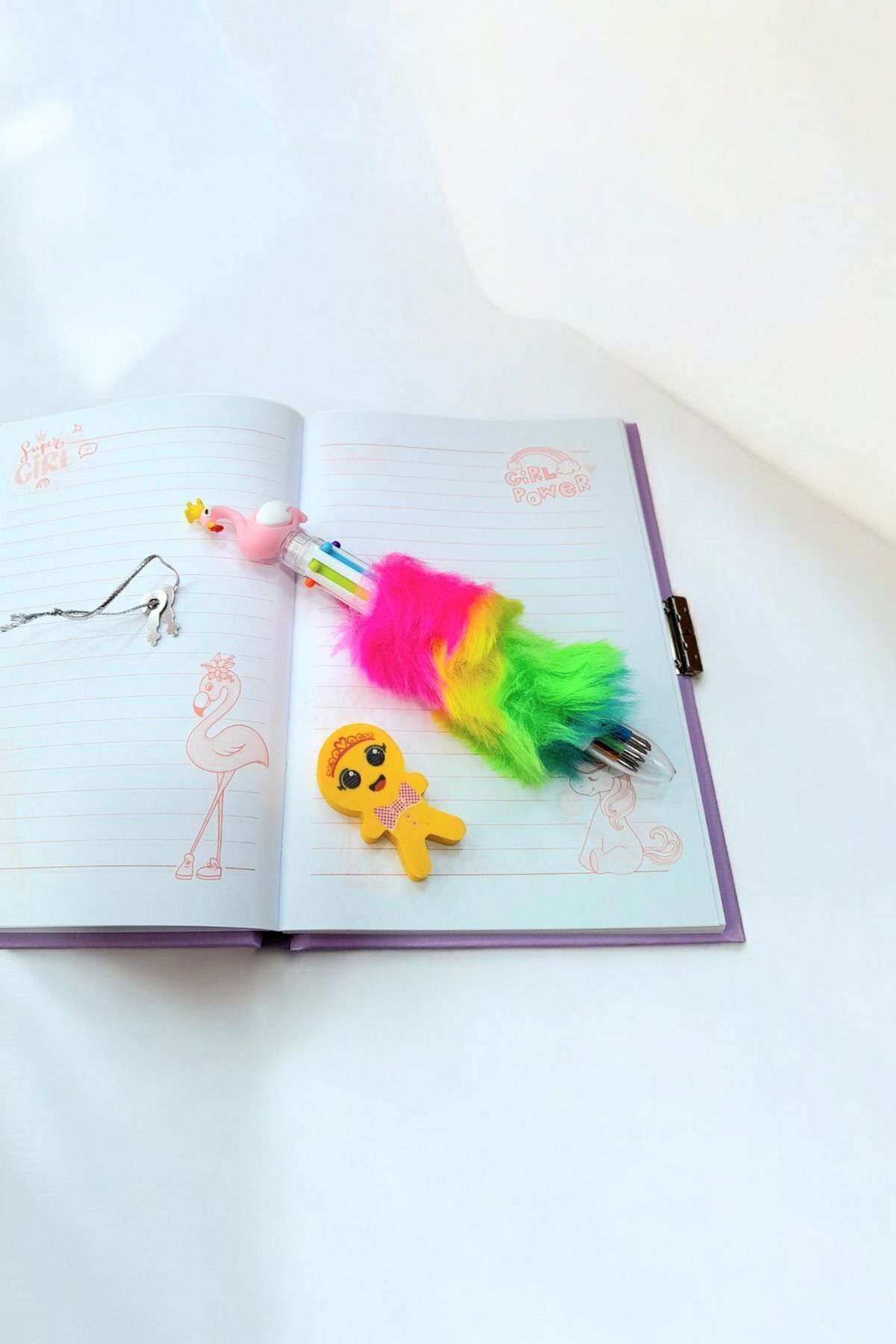 ÇİLEKHOMEAVM-Lama Locked Souvenir and Diary Notebook-Flamingo Feather Pen-Eraser 3