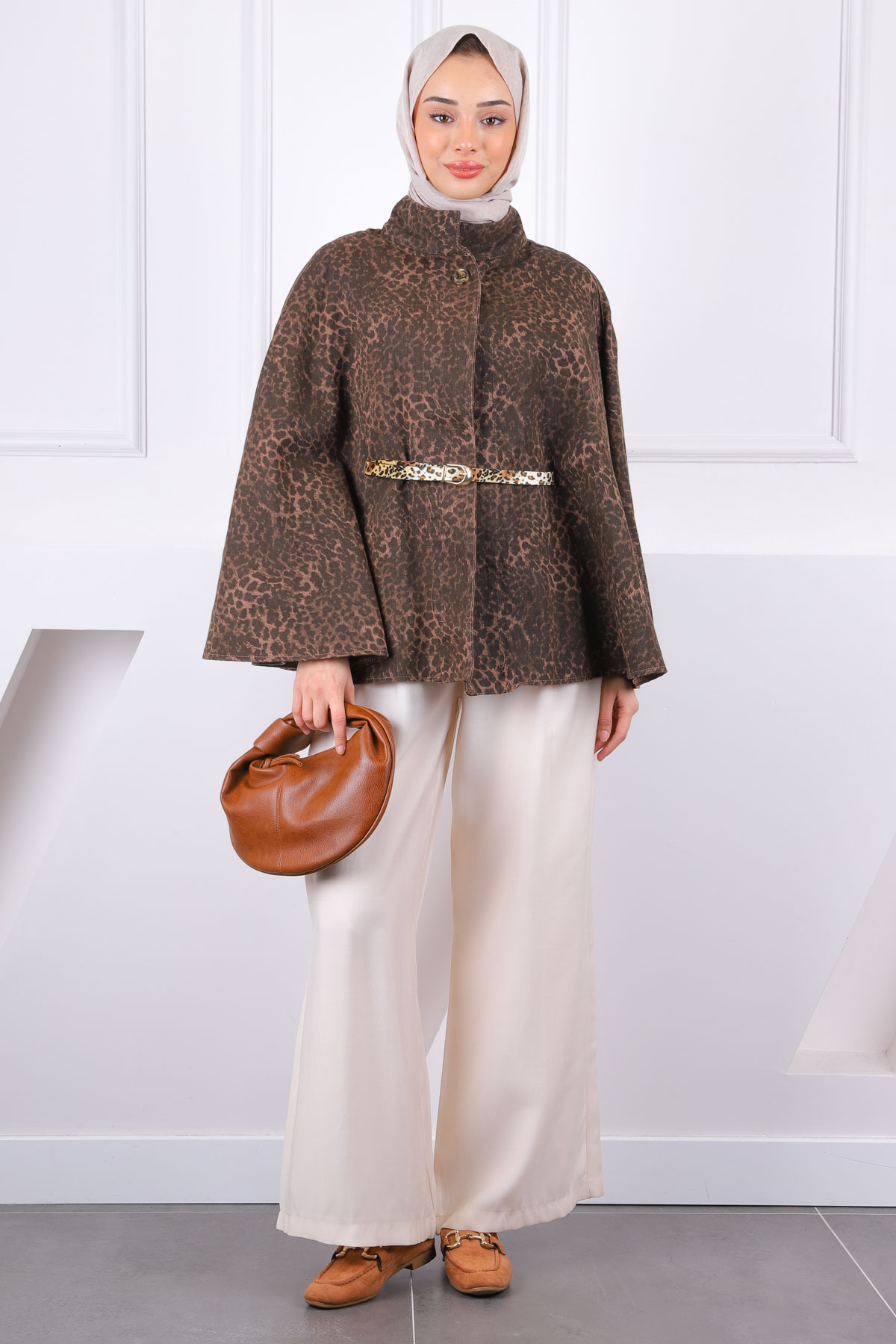İmajButik Kahverengi Leopar Desenli Bel Kemerli Panço
