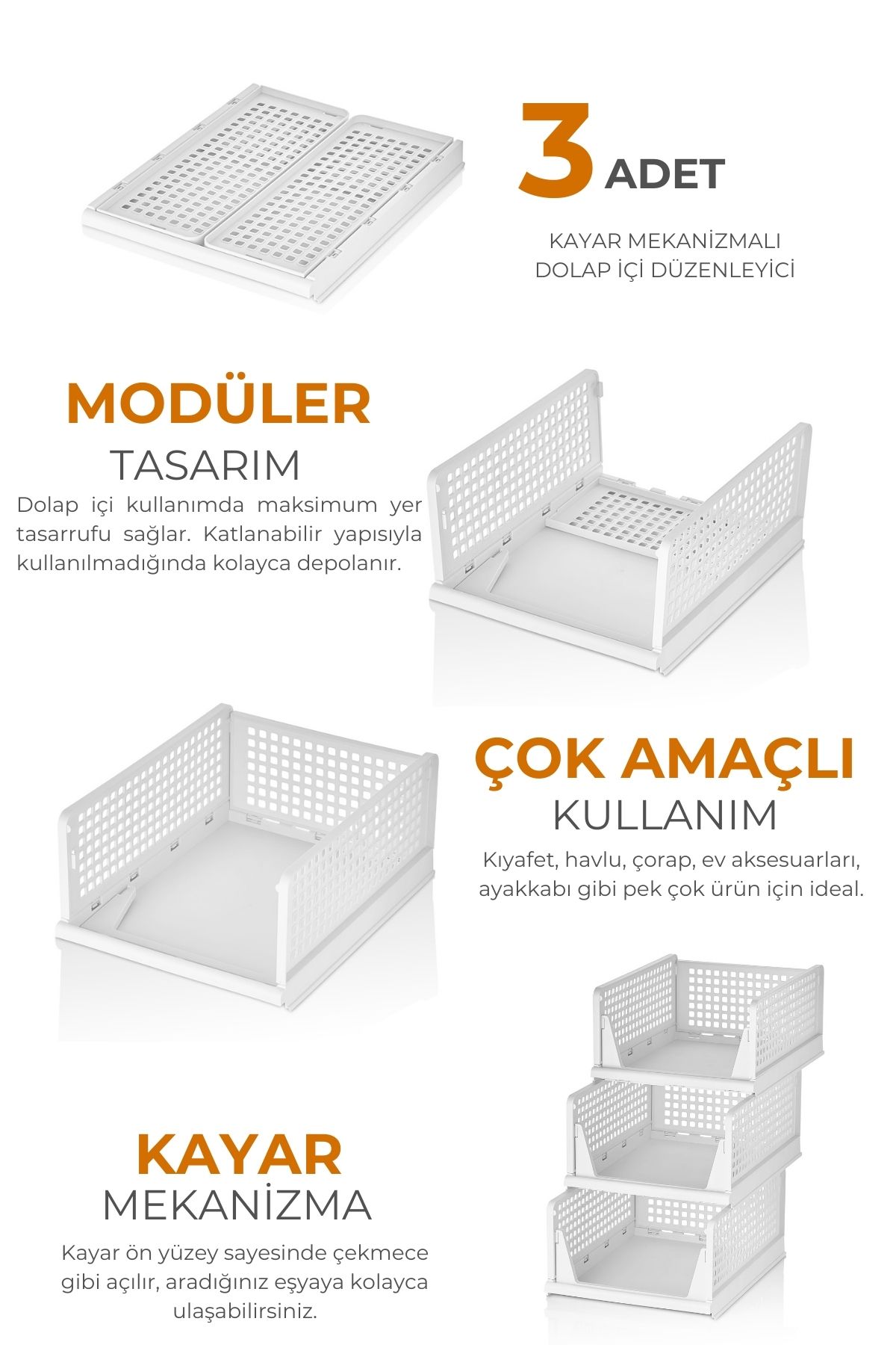 EVLE-Σετ 3 Modular Sliding Shelf Organizer ντουλαπιών, γήινο 3