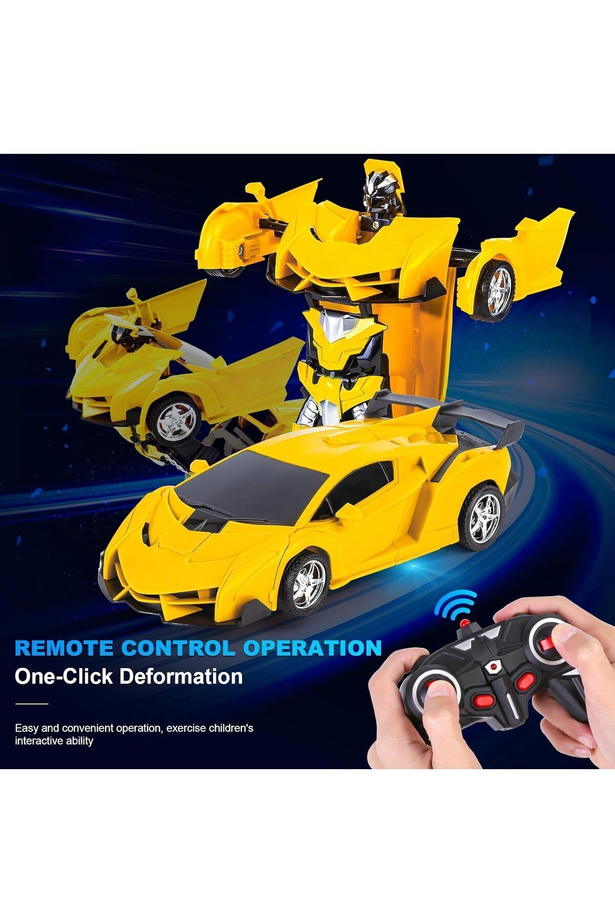 Yelajoy-Rc Transforming Car Robot Toys, With Lights 2.4GHz, 3 Rechargeable Battery, for 3+, Yellow 3