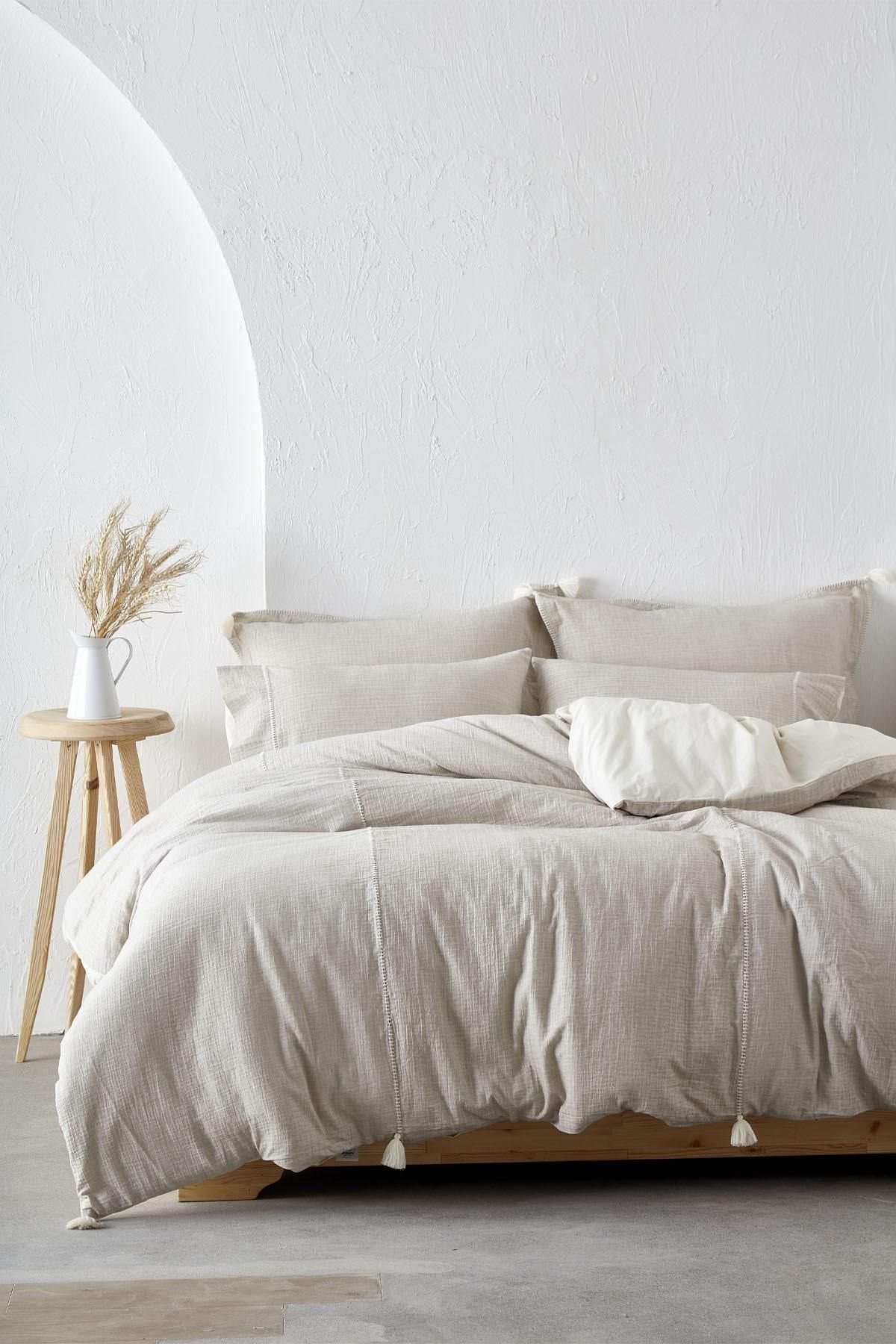 کاور لحاف دو نفره نود سرویس روتختی Nature Double Duvet Cover Set 100 ٪ پنبه ارگانیک Muslin رنگ بژ 200X220 سانتی متر Ecocotton