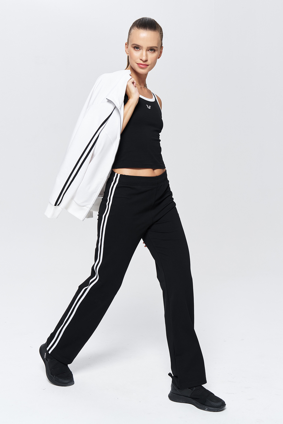 bilcee-Women's White Stand Collar 3-Piece Bottom Top Tracksuit Set 9907 7