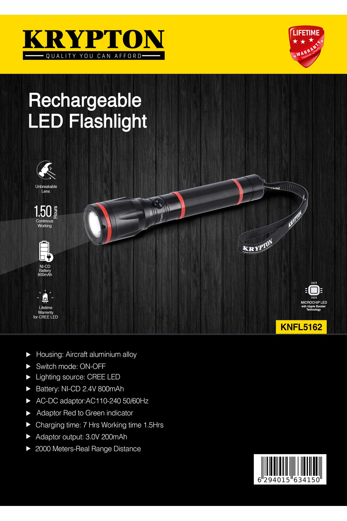 KRYPTON-Rechargeable LED Flashlight, CREE LED, Aircraft Aluminum, 800mAh Battery, 2000m Range 4