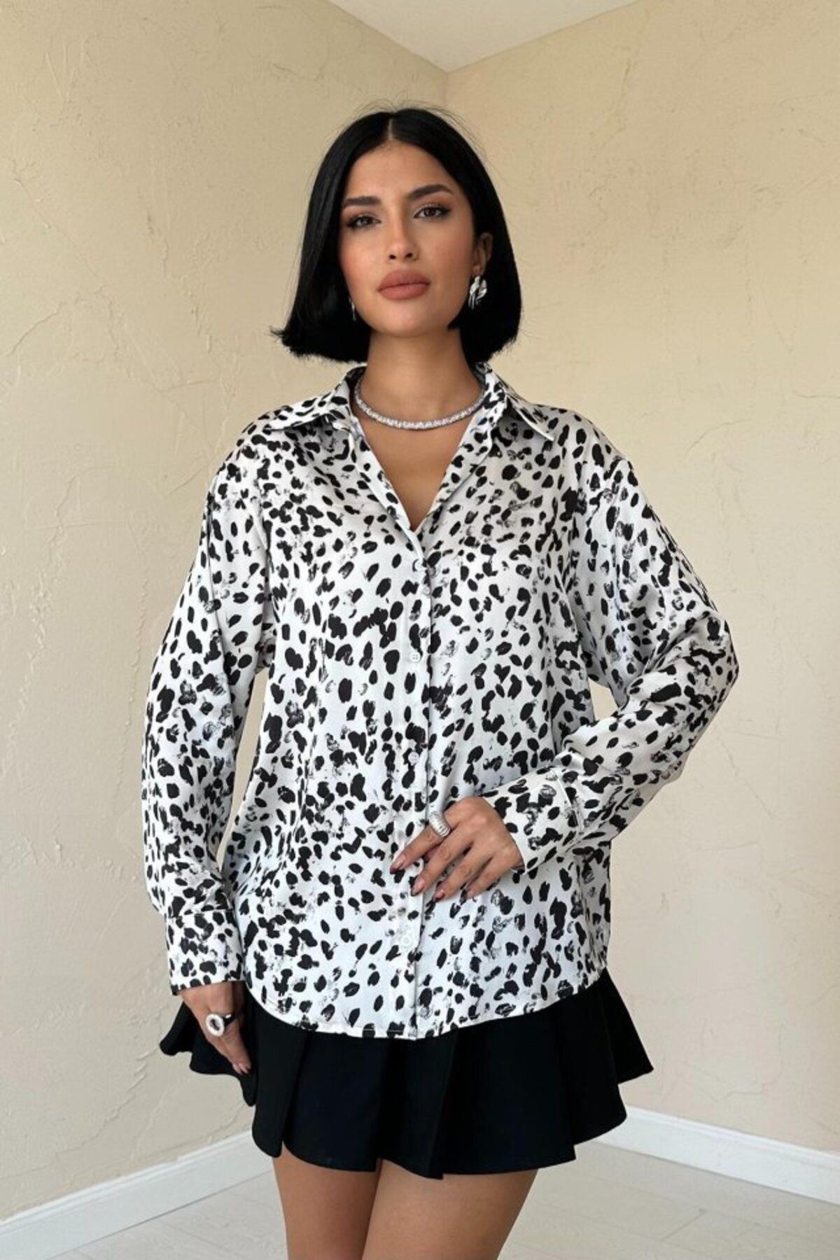 MRA Fashion Ekru Leopar Desenli Saten Gömlek