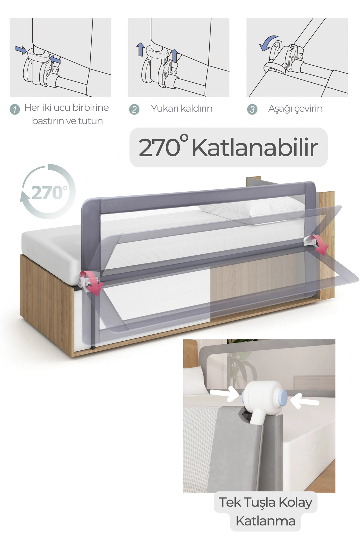 GUİMO Guimo 150cm Yatak Bariyeri Katlanır Baza Korkuluğu Beyaz Foldable Bed Rail Guard Bed Rail For Baby fotoğrafı 6 (önizleme)