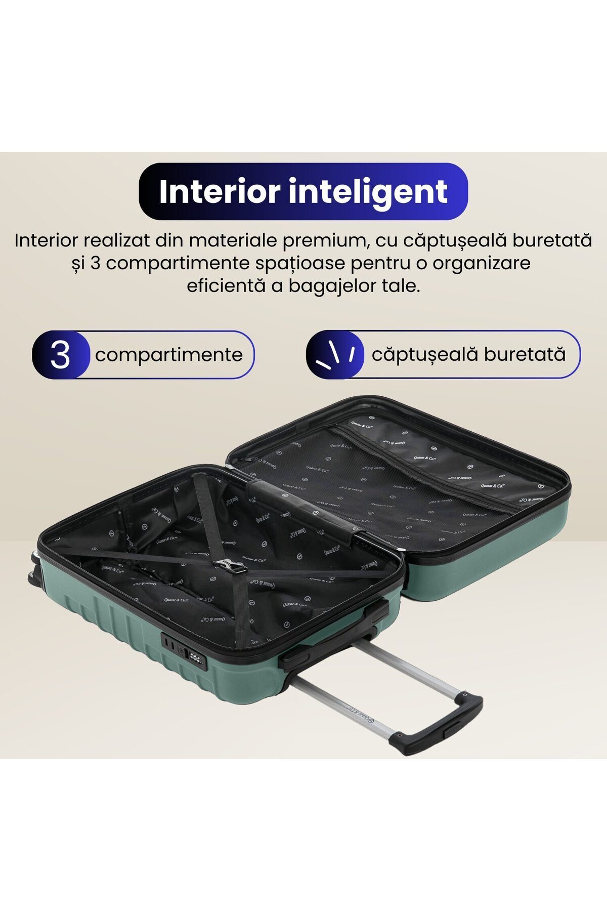 Quasar & Co.-Troler de cabina Line,40x30x20cm,Troller bagaj de mana,valiza cabina 4 roti 360°,cifru,ABS,Turcoaz 8