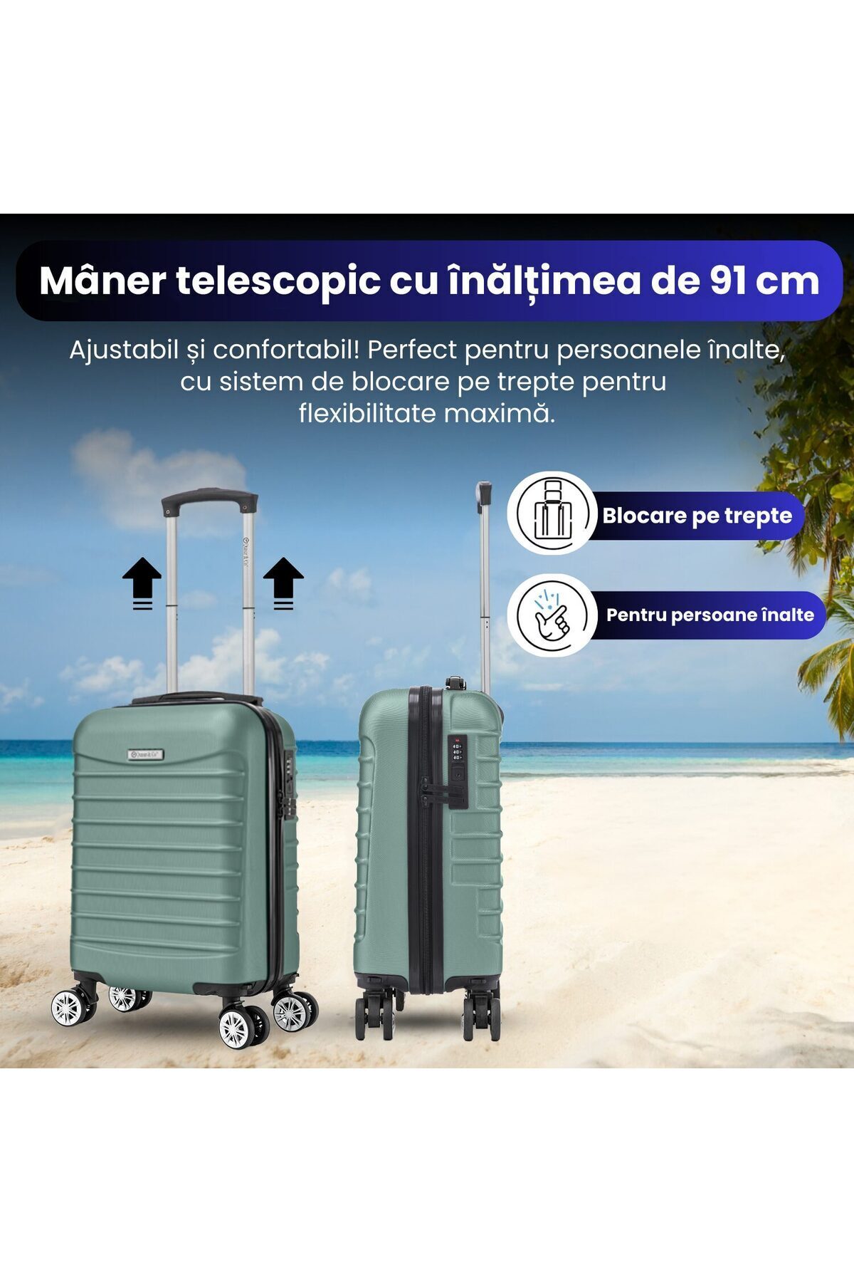 Quasar & Co.-Troler de cabina Line,40x30x20cm,Troller bagaj de mana,valiza cabina 4 roti 360°,cifru,ABS,Turcoaz 6