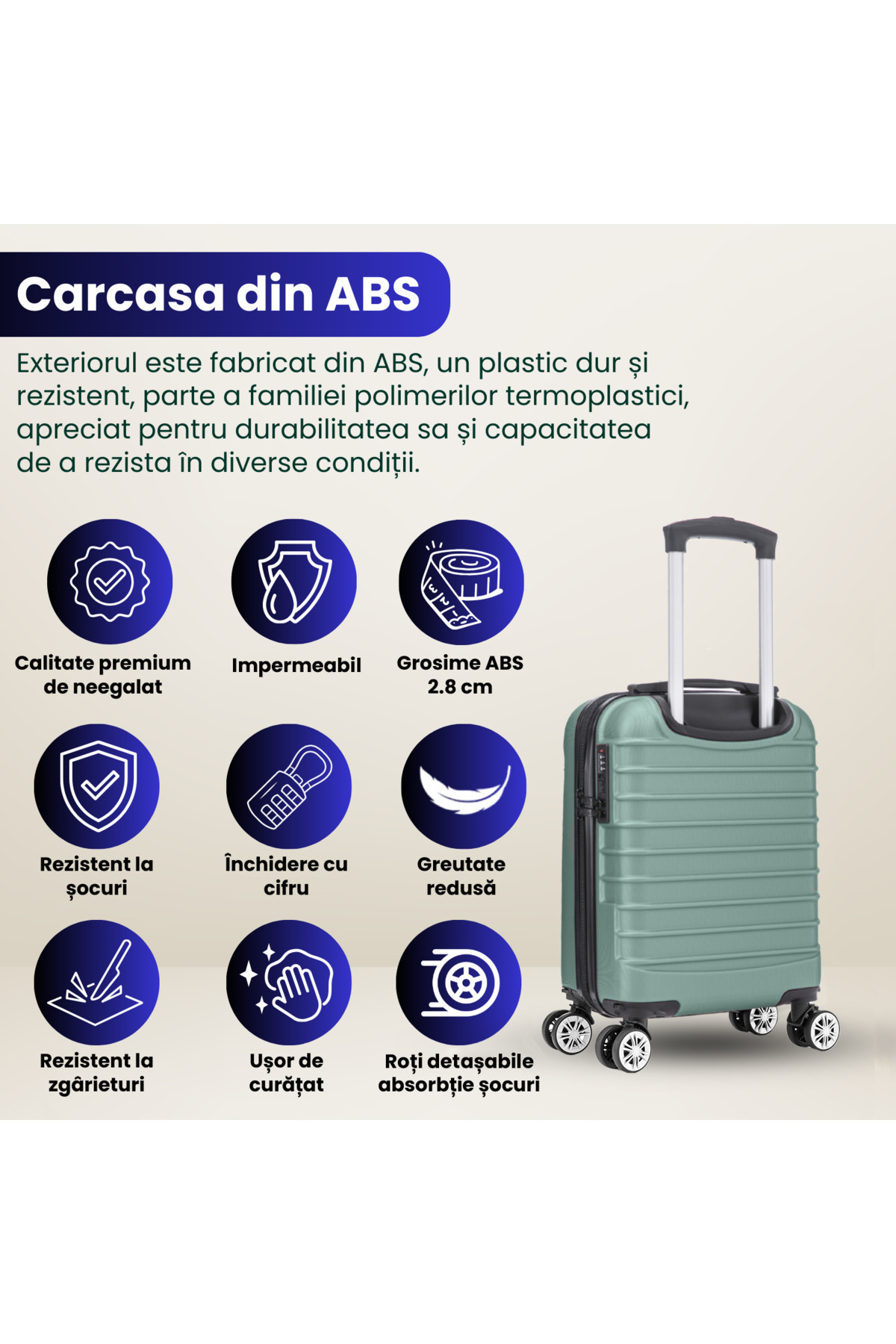 Quasar & Co.-Troler de cabina Line,40x30x20cm,Troller bagaj de mana,valiza cabina 4 roti 360°,cifru,ABS,Turcoaz 7