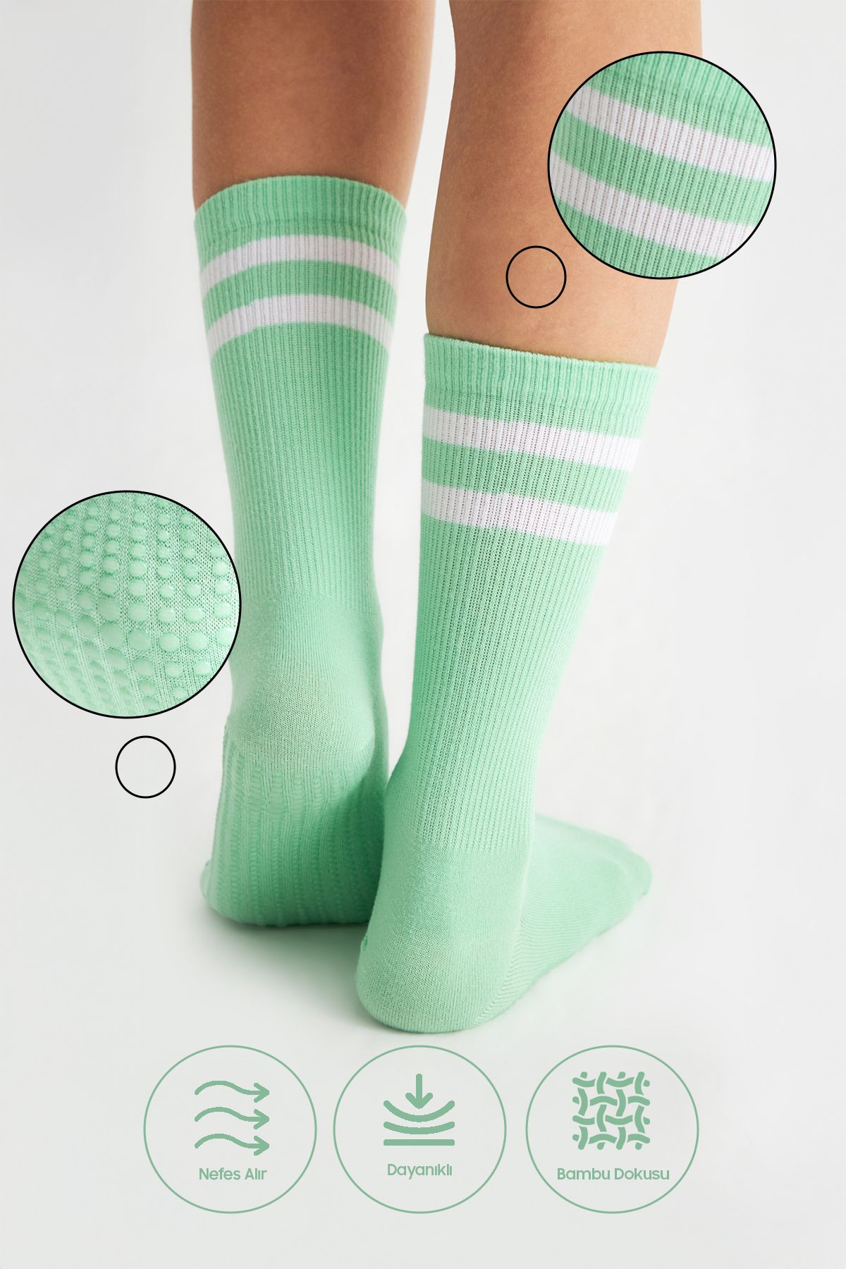 bamboo star-Bamboo Women's Green Non-Slip Sole Silicone Print Yoga Fitness Pilates Ballet Dance Tennis Socks 3-Pack 3