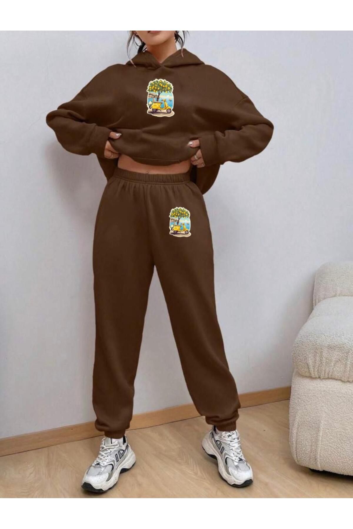 RPT MODA Set Culoare Oversize Cu Imprimare Peisaj Cu Capucă Și Bucă Cu Canguro Femeie - L