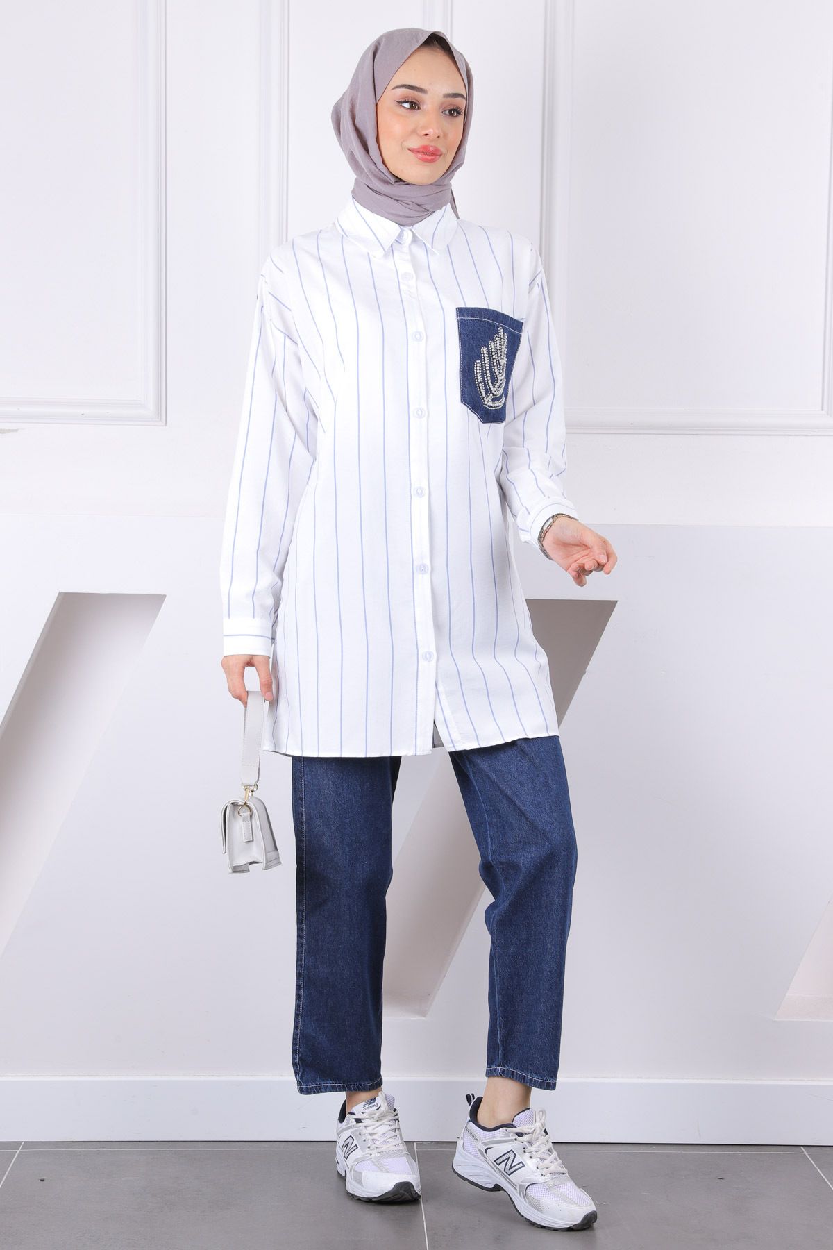 İmajButik-Costum cu pantaloni tunică cu garnitură de blugi 2