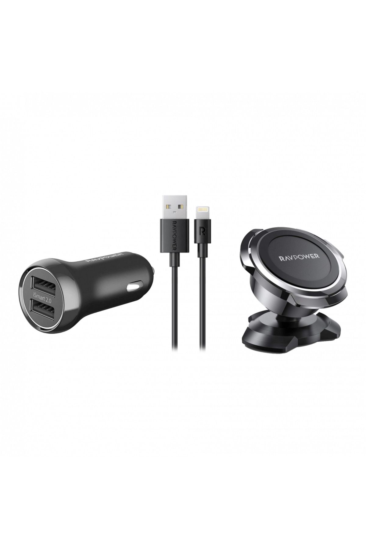 RavPower-RAVPower Combo 17W Dual-Port Car Charger + 1m iPhone Cable + Magnetic Car Mount 1