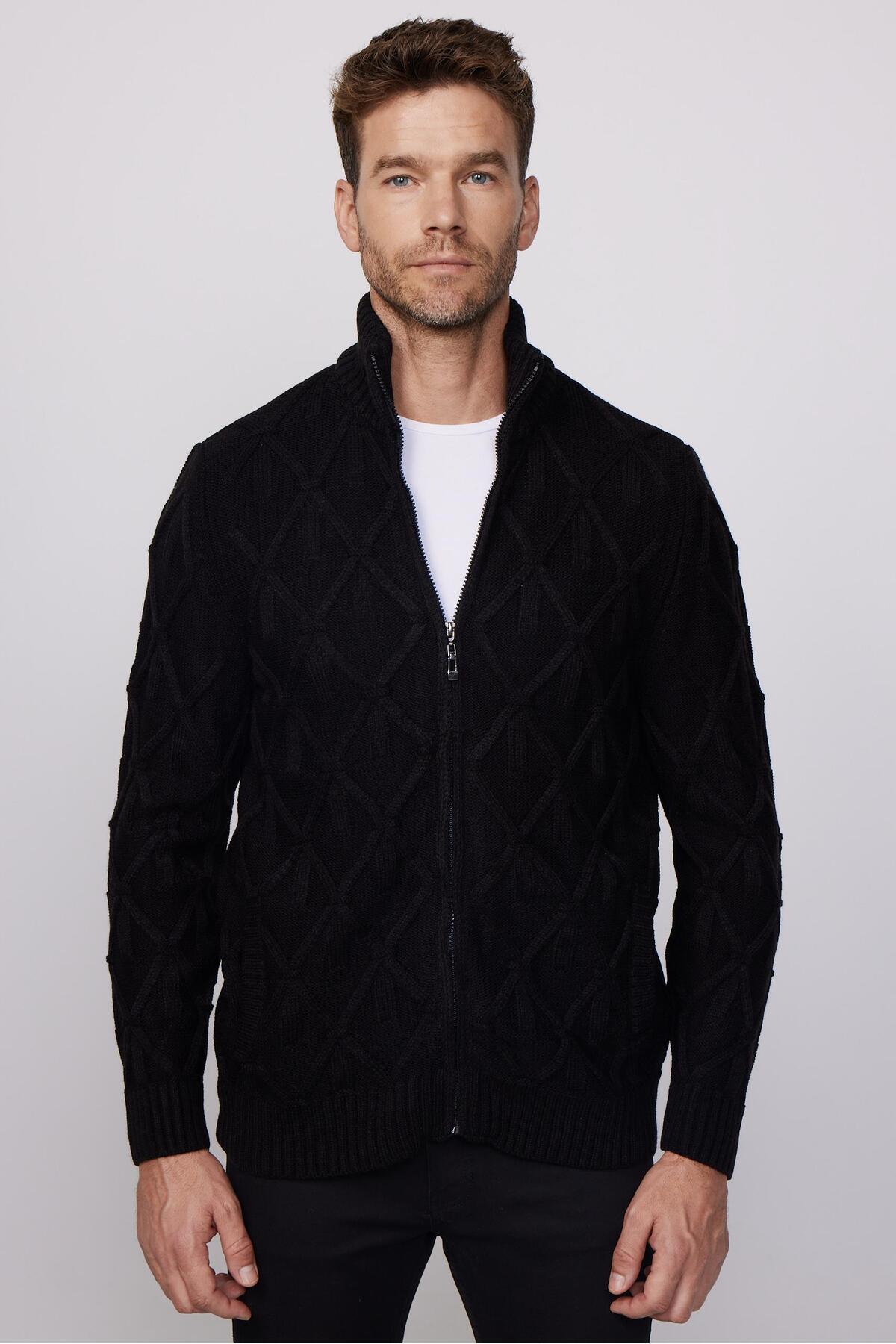 Tudors Erkek Slim Fit Desenli Dik Yaka Fermuarlı Siyah Hırka görsel 3