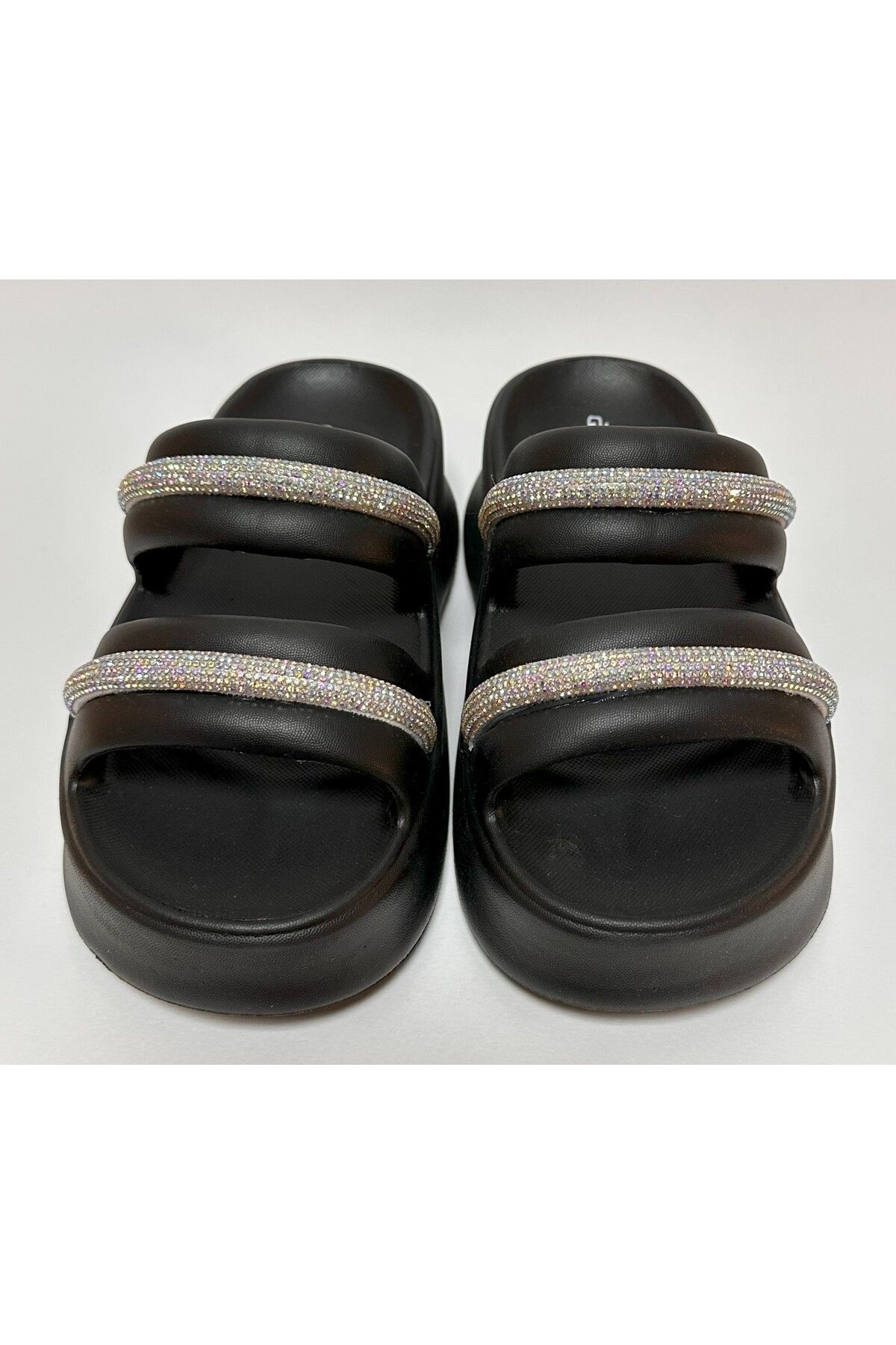 AkınalBella-Eva Black Double Banded Strip Stone Detail Platform Heel Comfortable and Lightweight Women's Daily Home Street Slippers 4