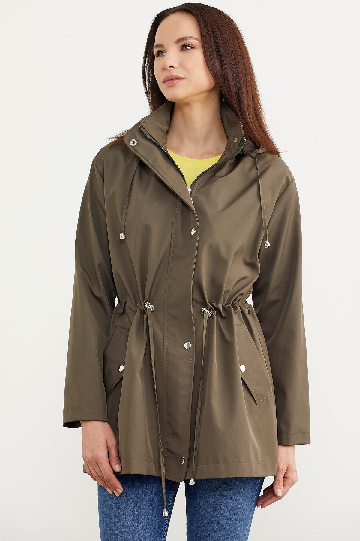 Sementa-Plus Size Drawstring Waist Hooded Trench Coat - Khaki 5