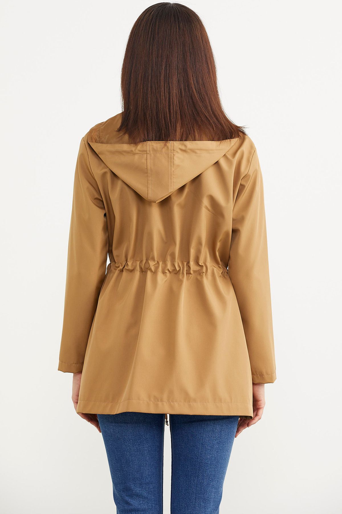 Sementa-Plus Size Drawstring Waist Hooded Trench Coat - Mink 6