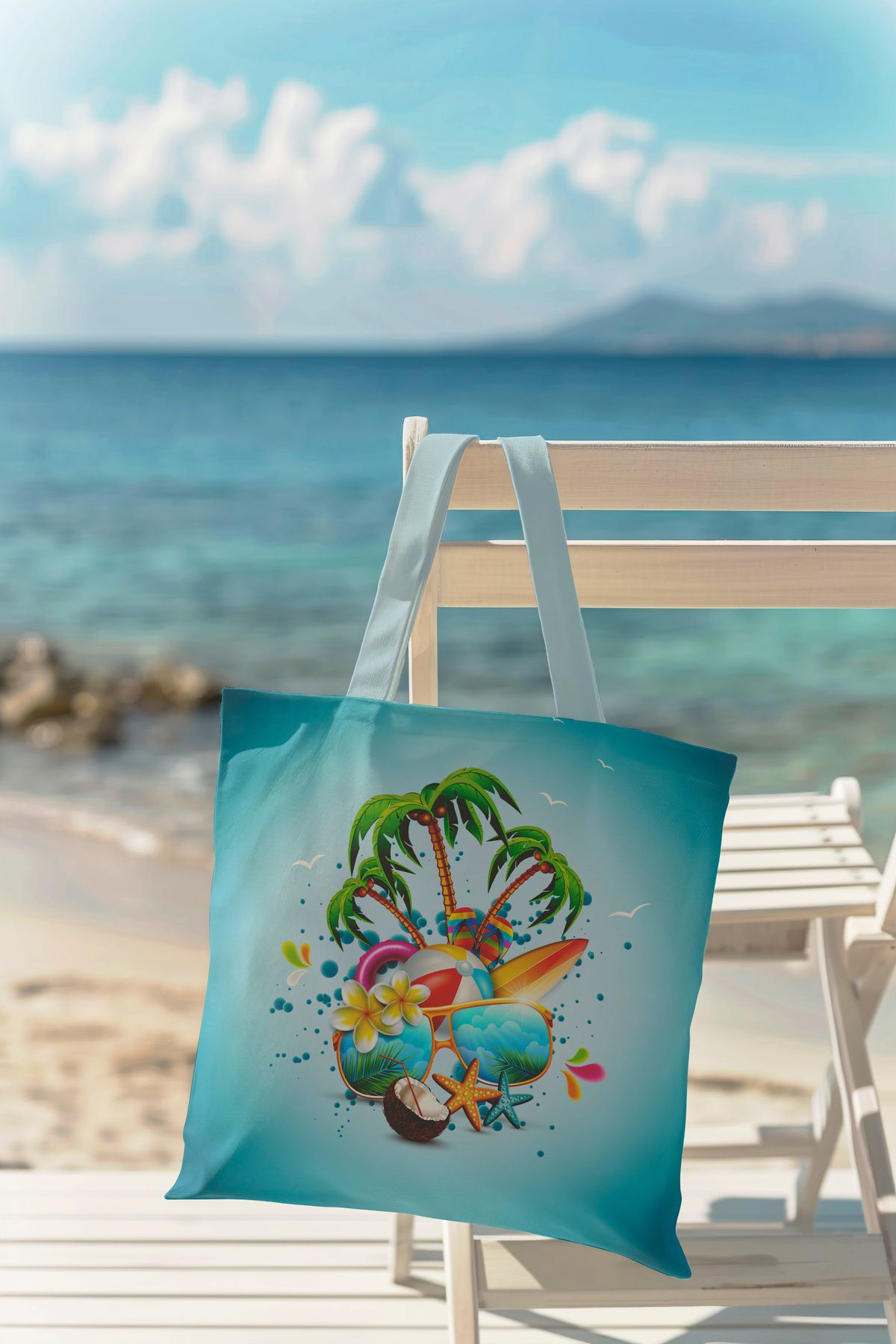 AYSHOME-Ays Home Turquoise Palm Patterned Washable Zippered Cloth Beach Bag 2