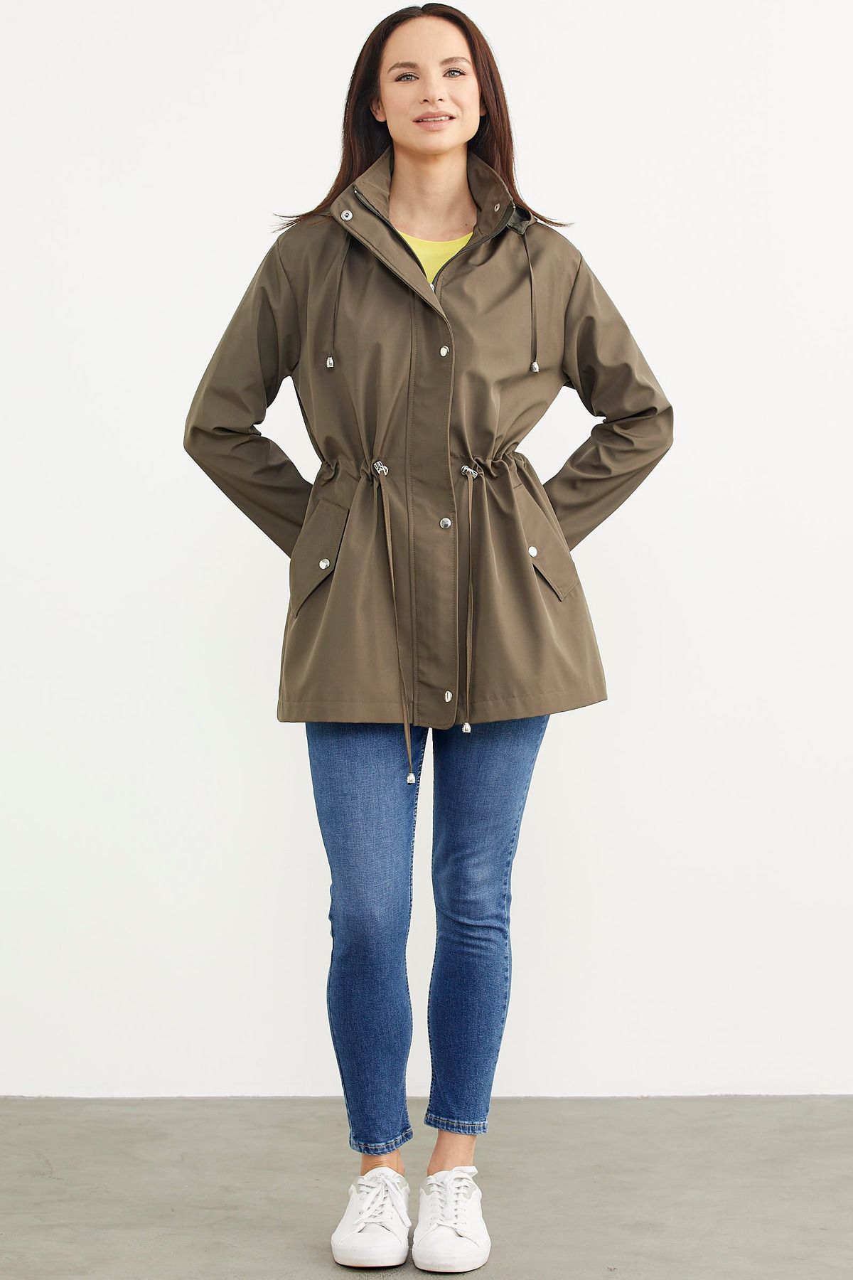 Sementa-Plus Size Drawstring Waist Hooded Trench Coat - Khaki 4