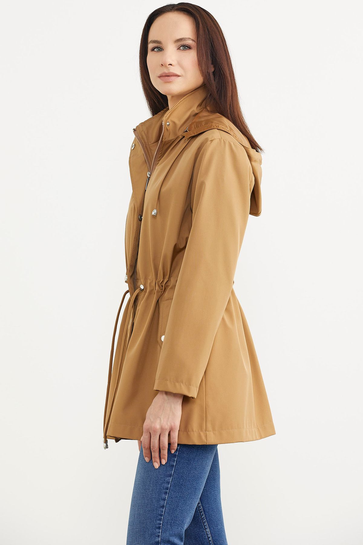 Sementa-Plus Size Drawstring Waist Hooded Trench Coat - Mink 5