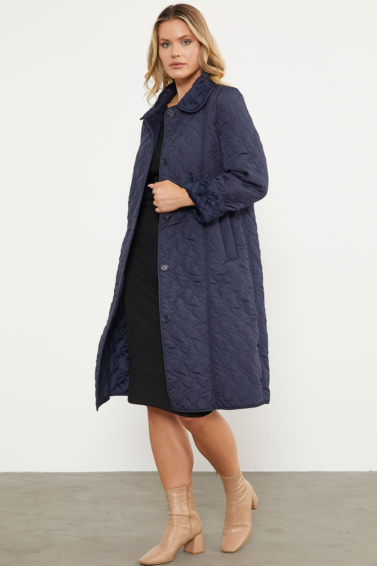 Sementa  İçi Tamamen Pelüş Kapitone Uzun Kaban - Lacivert - Görsel 3