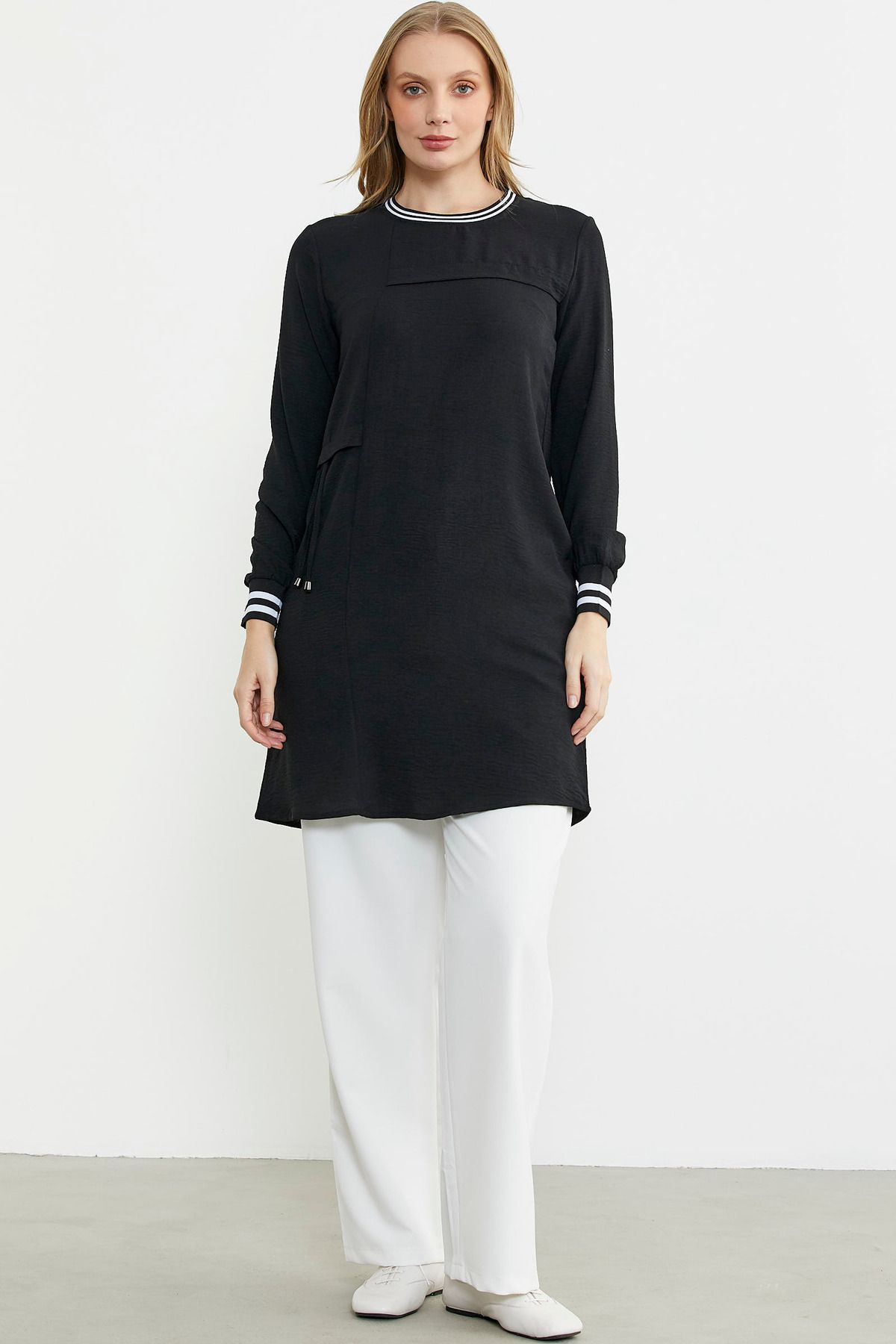 Sementa-Long Sleeve Crepe Ribbed Tunic - Black 2