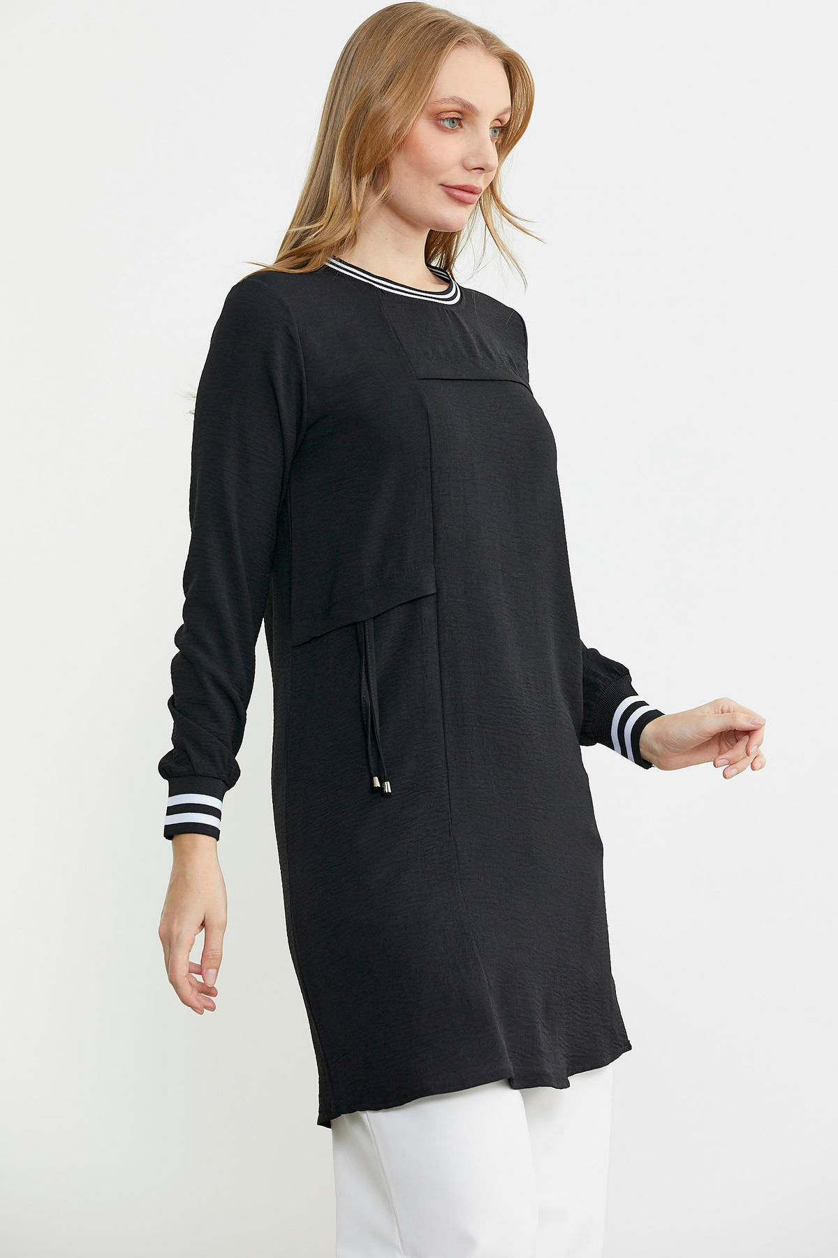 Sementa-Long Sleeve Crepe Ribbed Tunic - Black 4