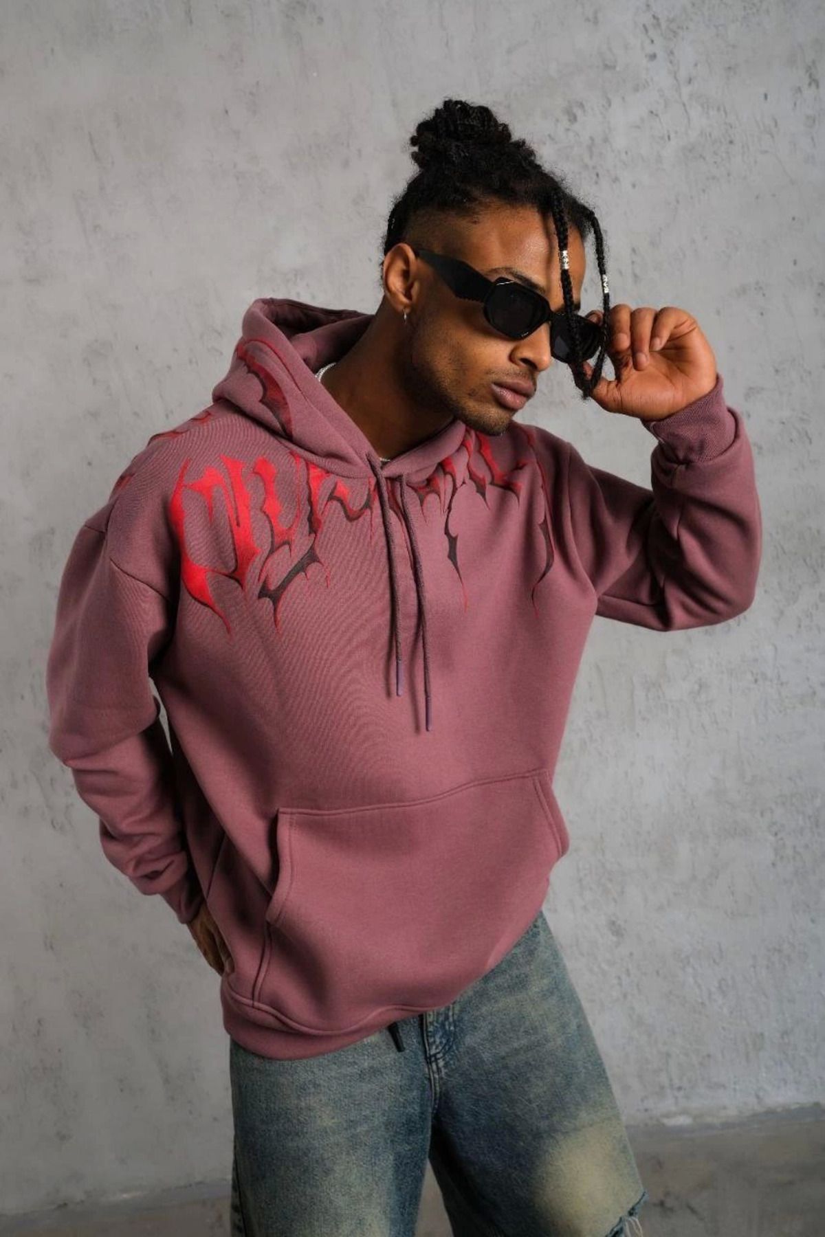 Pink Stil Erkek Ön ve Arka Baskılı Kapüşonlu 3 İplik Sweatshirt - Gül Kurusu Pink Stil