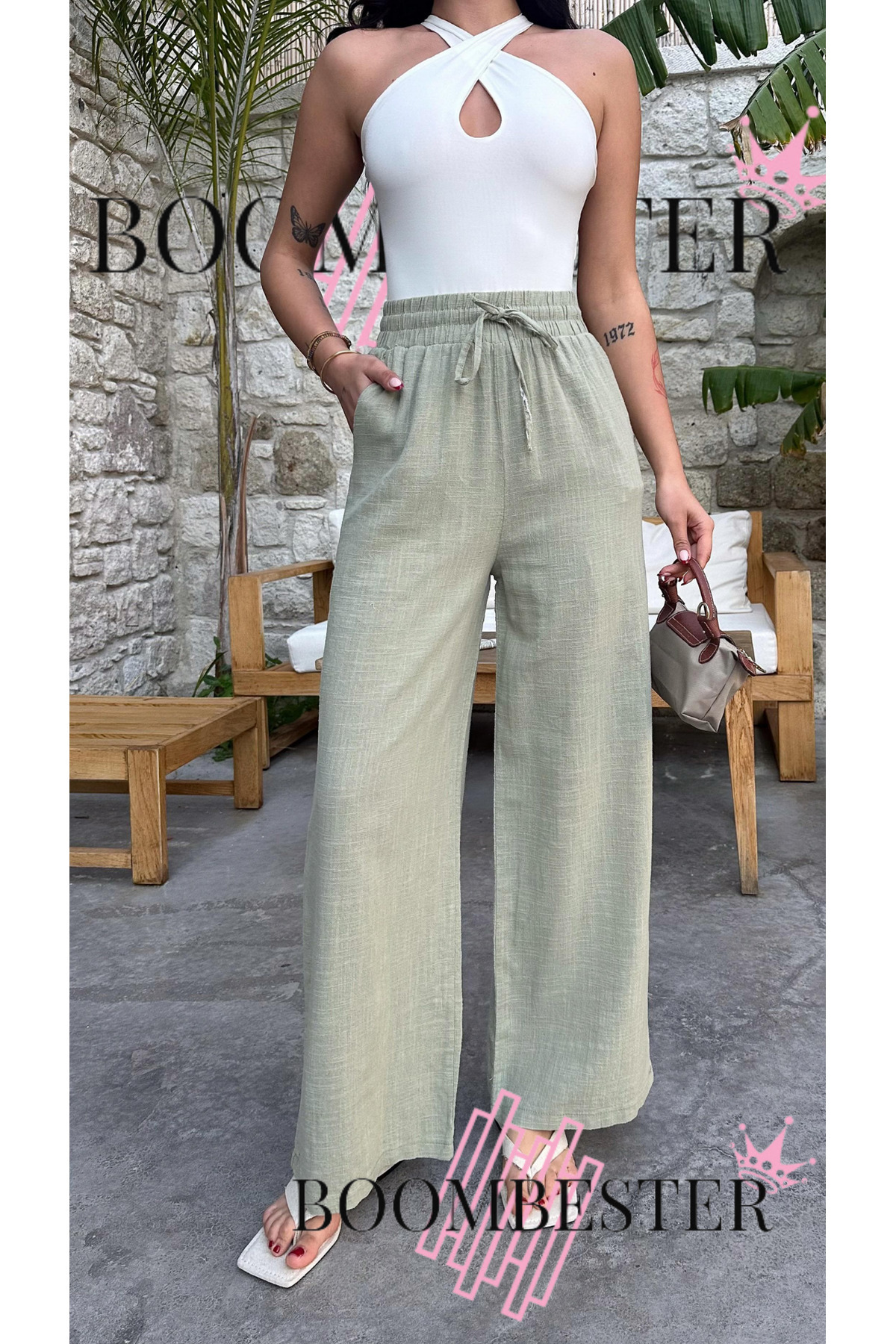 Women's Flax Elastic Waist Palazzo Trousers - Lined Comfortable Cut Wide Leg Summer Palazzo