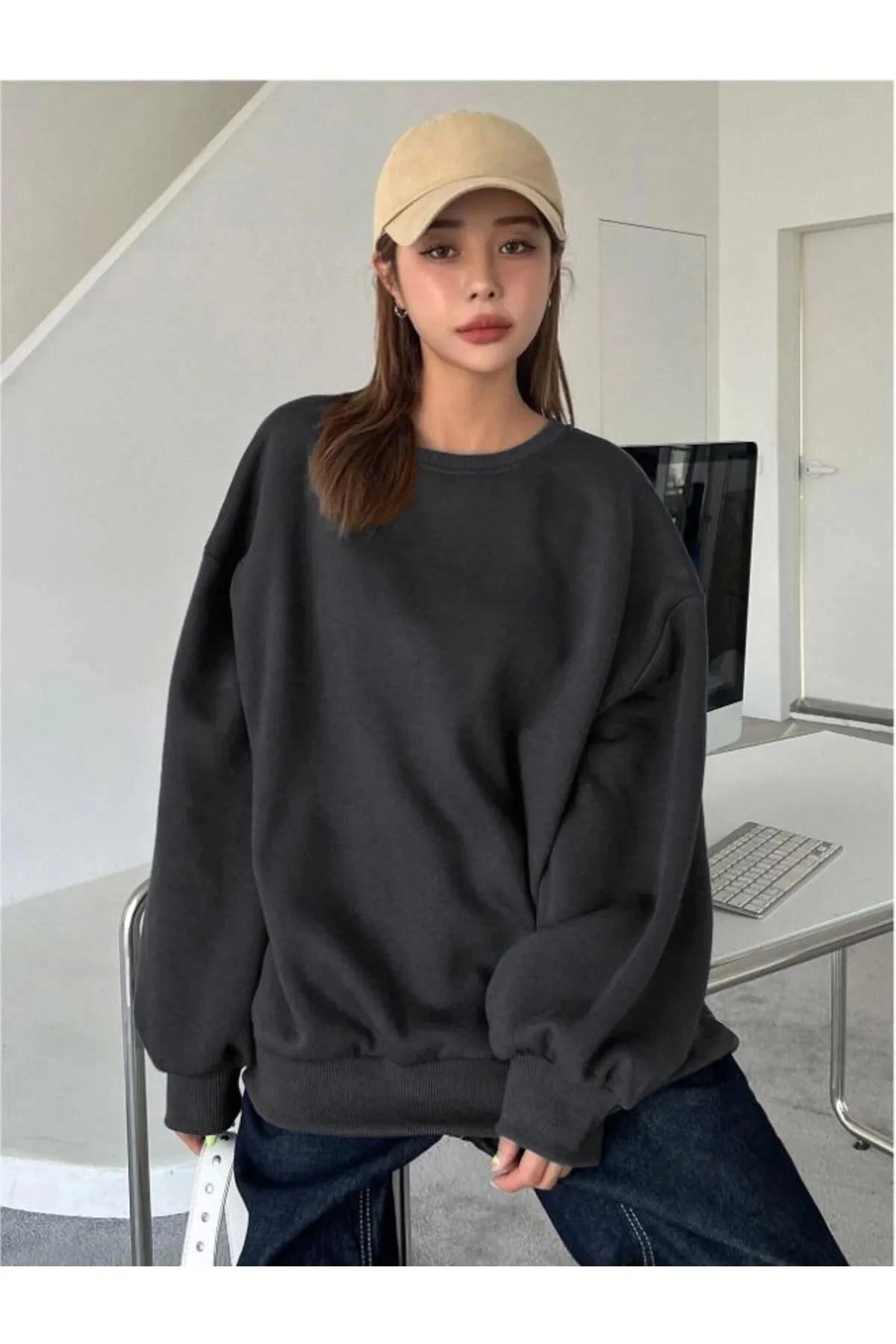 Pink Stil Kadın Düz Bisiklet Yaka Sweat - Siyah Pink Stil