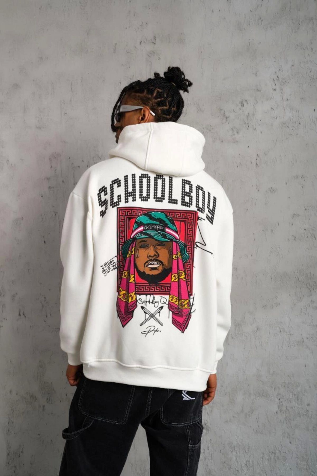 Pink Stil Erkek SCHOOL BOY Baskılı Kapüşonlu Sweat - Beyaz Pink Stil