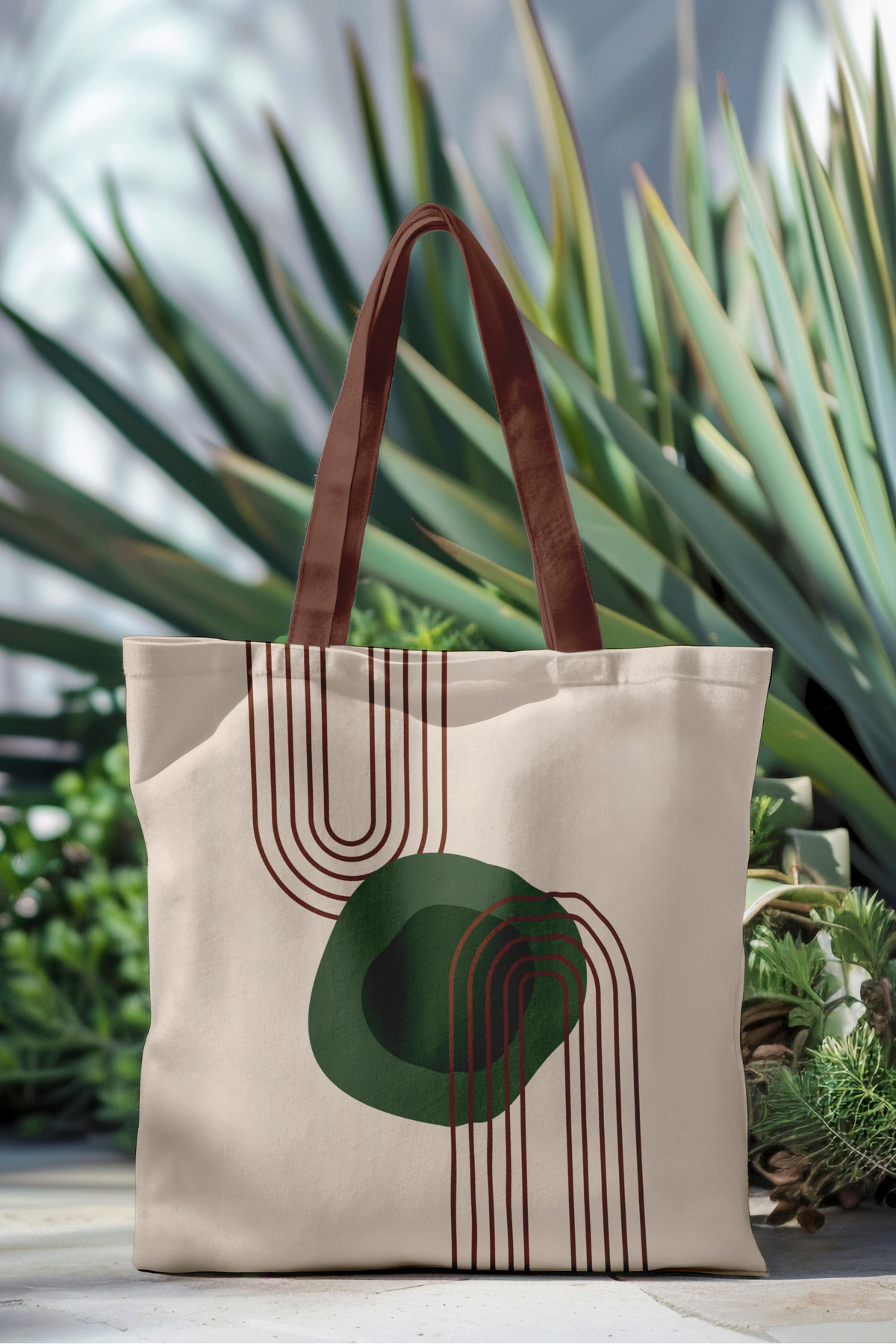 AYSHOME-Ays Home Green Cream Abstract Pattern Printed Zippered Cloth Beach Shopping Bag 1